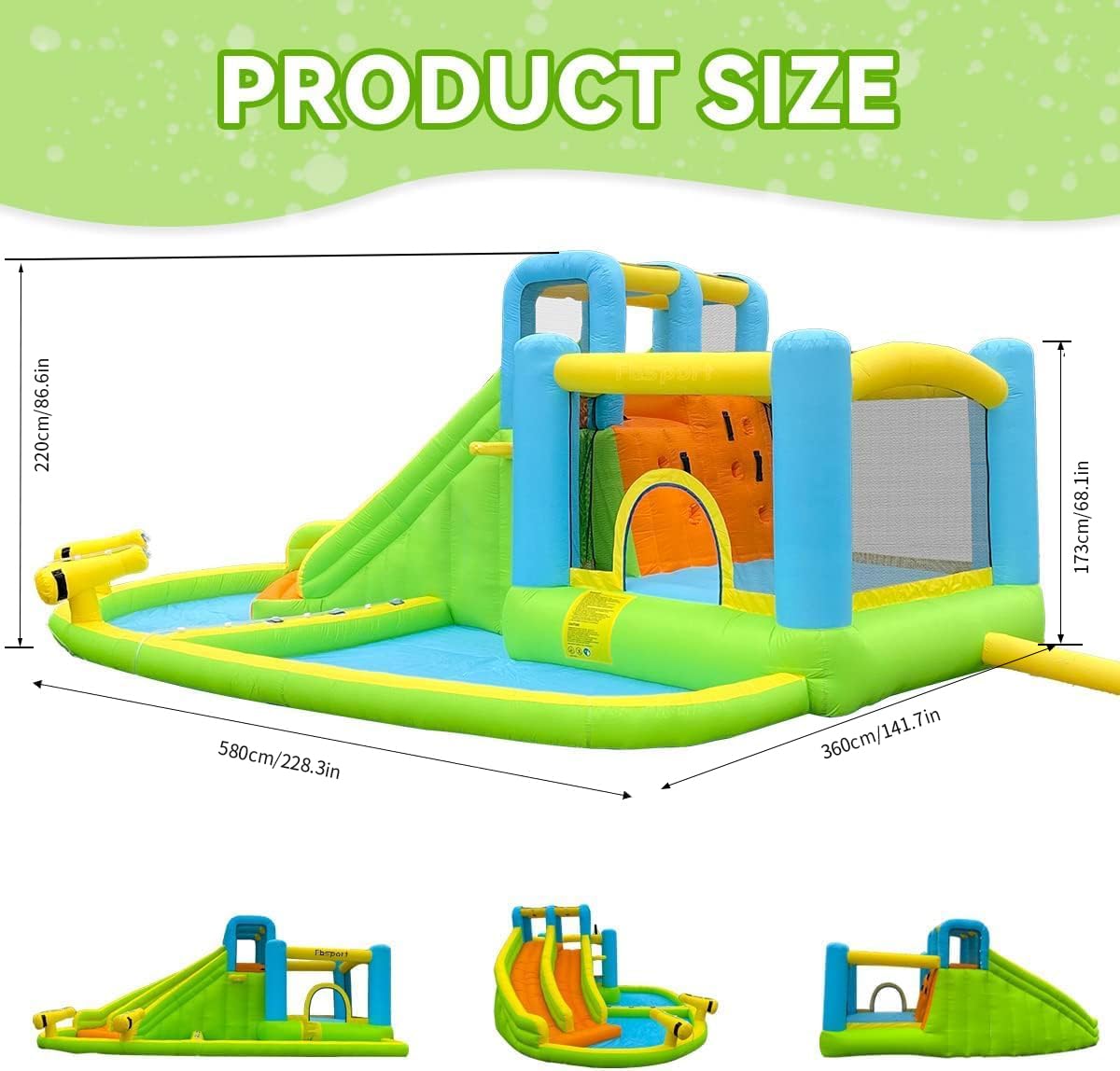 FBSPORT Inflatable Bounce House,Water Slide Park Bouncer Castle with 2 Slide & Double Cannon, Climbing Wall, Kids Bouncy Castle with 550W Air Blower for Backyard, Outdoor, Indoor