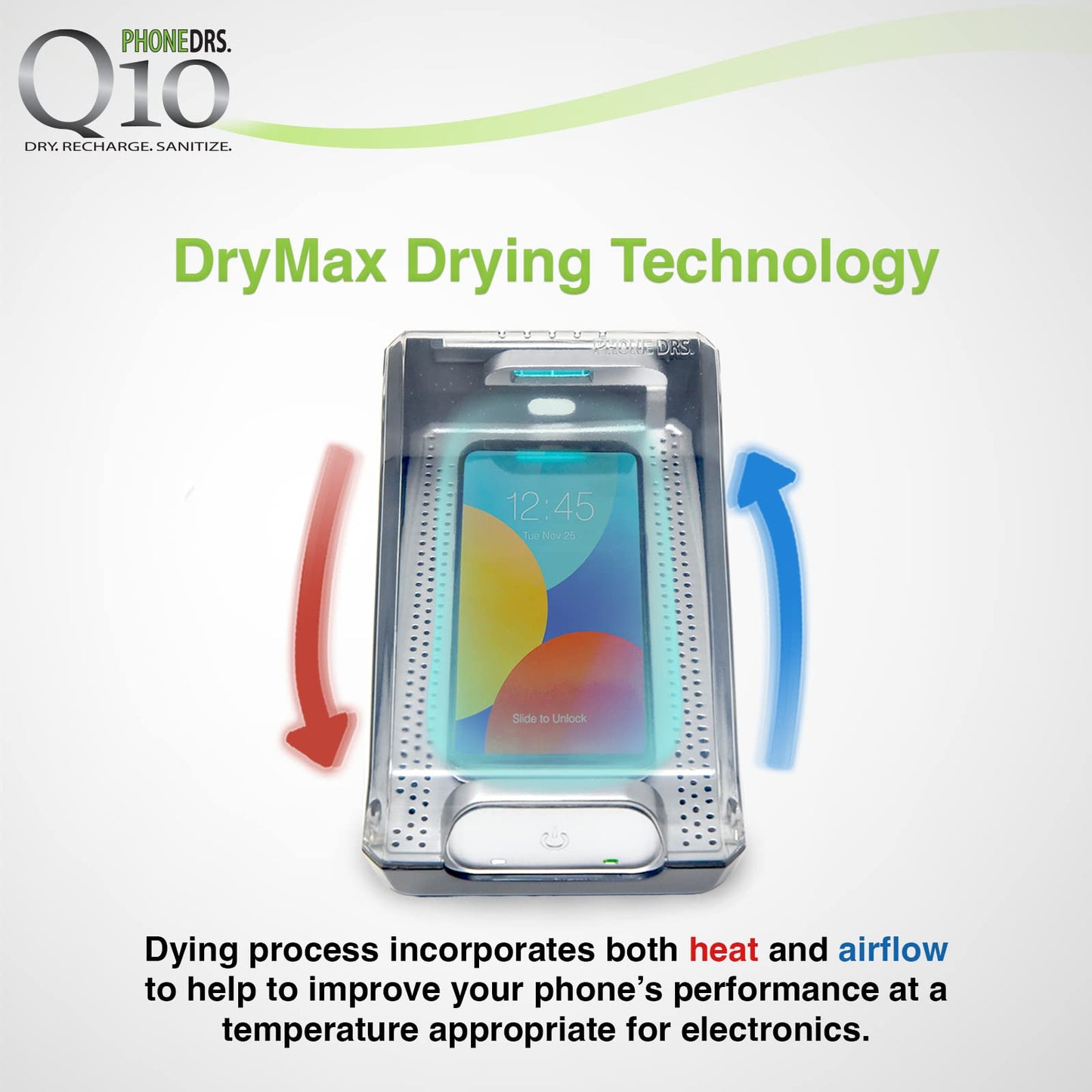 PHONEDRS Q10 UV-C Cell Phone Sanitizer with Dryer and Qi Wireless Charging | Cleans, Dries and Charges All Phones