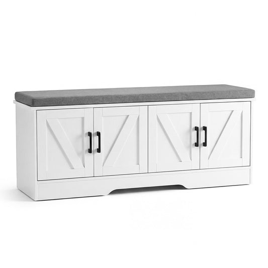 DUMOS Shoe Storage Bench, 47" Wide Shoe Organizer Cabinet with Padded Seat Cushion, 4 Doors, Adjustable Shelf for Entryway, Hallway, Bedroom, Living Room, White