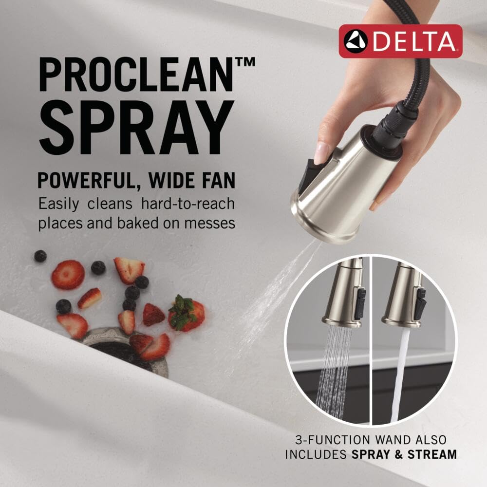 Delta Finnridge Brushed Nickel Kitchen Faucet with Pull Down Sprayer, High Pressure ProClean Spray Modern Single Hole Kitchen Sink Faucet, Stainless 19730LF-SS