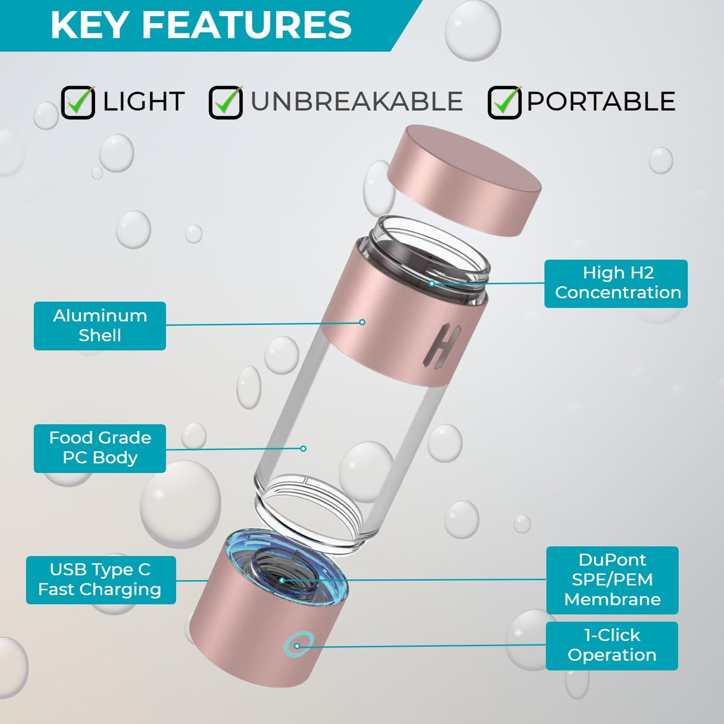 ZYNAFLO H2-Pro Hydrogen Water Bottle Generator with Latest SPE-PEM Technology (Rose Gold)