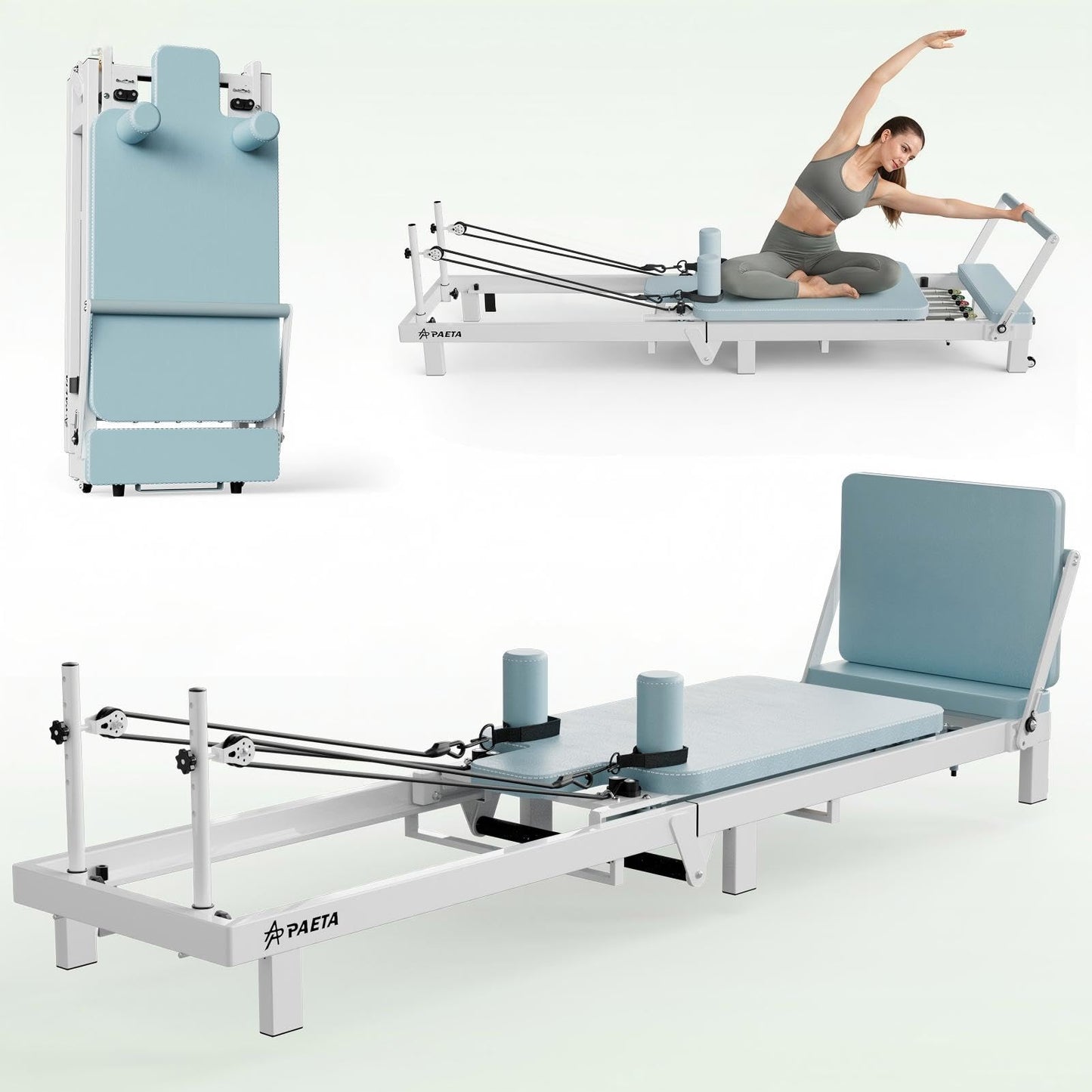 PAETA Pilates Reformer, 86" Foldable Reformer Pilates Machine for Home Use, with Dual Resistance- Springs and Cords, Pilates Equipment for Home Workouts with Jump Board, Up to 400 LBS, Blue