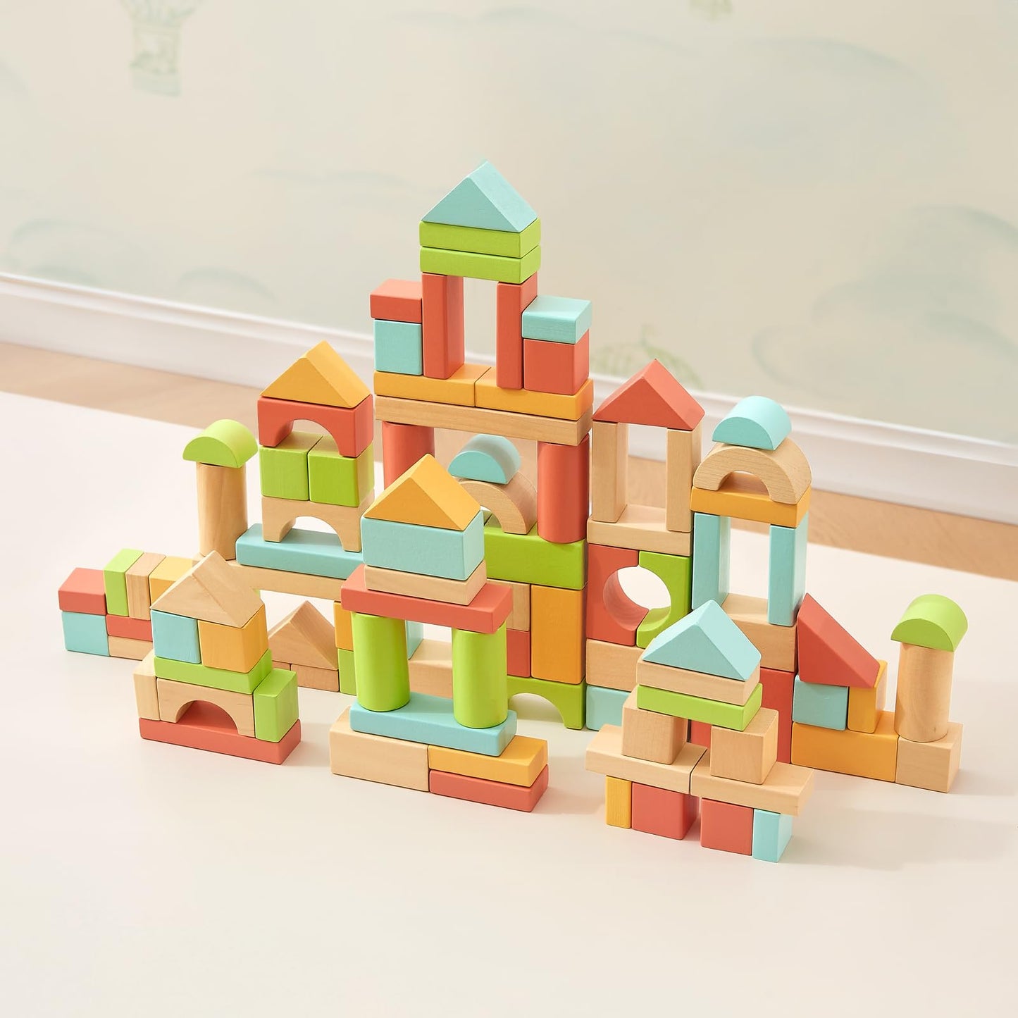 MEEYOO 100pcs Wooden Blocks for Toddlers 1-3, Building Blocks for Toddlers 1-3, Wooden Block for Baby Shower with Storage Bucket, Montessori Toys for Preschool Girls and Boys