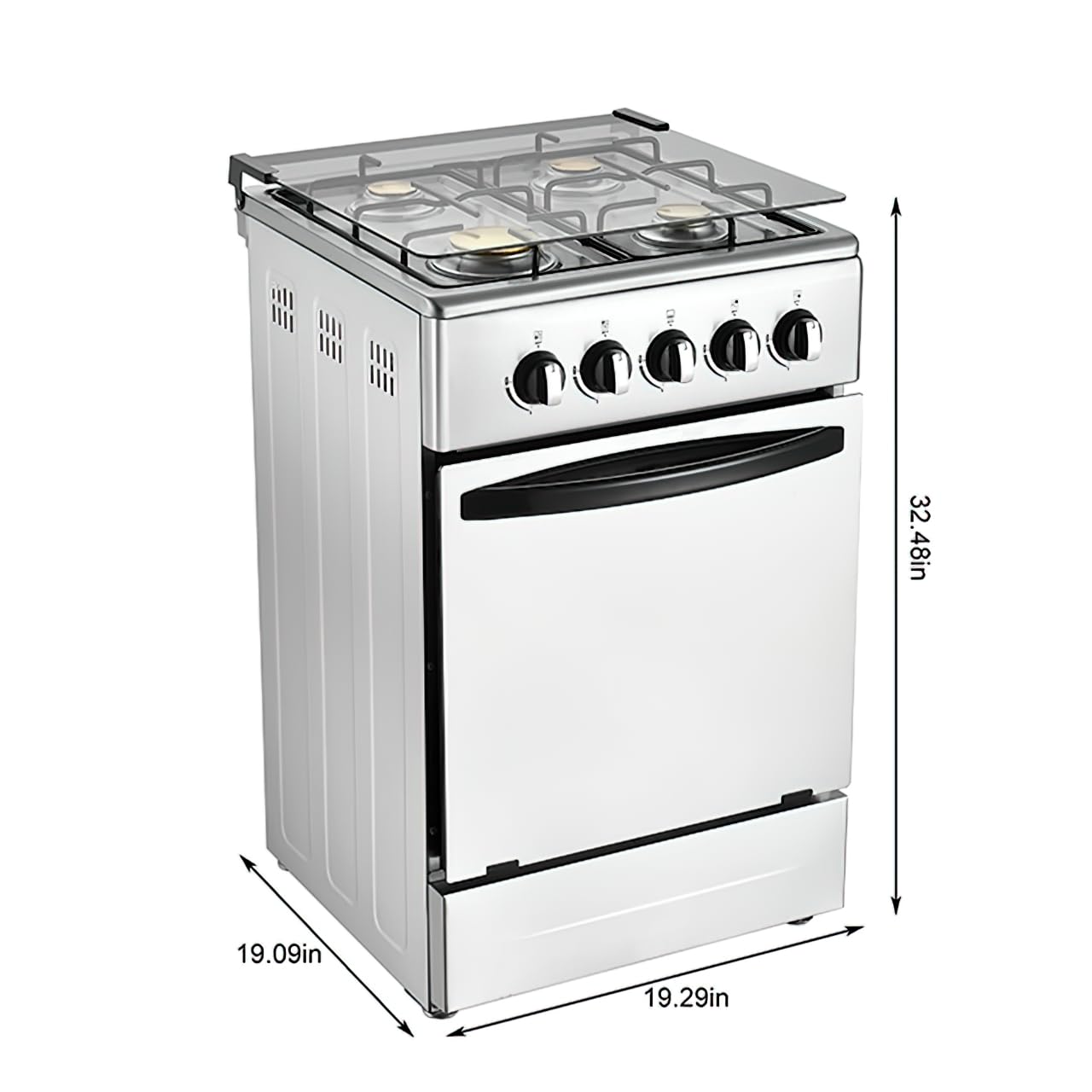 20-Inch Gas Range with 4 Burners, 68L Rotary Baking Oven, Stainless Steel Body, Double Layer Tempered Glass Door (NG-LPG Conversion Kit)