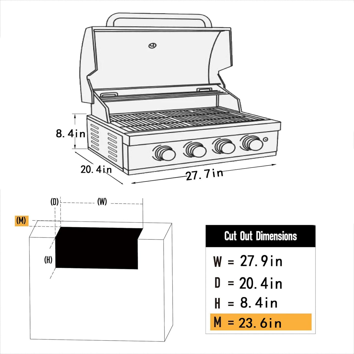 28In Outdoor Built in Grills, Large Charcoal & 4 Burner Propane Gas Dual Combo Grills 48,400 BTU, with Rear Burner & Rain Cover Stainless Steel BBQ Grill for Outdoor Kitchen Island Family Cooking
