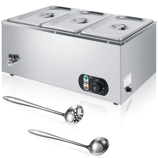 Electric Commercial Food Warmer 110V Buffet Food Warmer Stainless Steel Electric Countertop Steamer with Temperature Control, Tap and Lid for Catering Restaurant Parties (3 Pan)