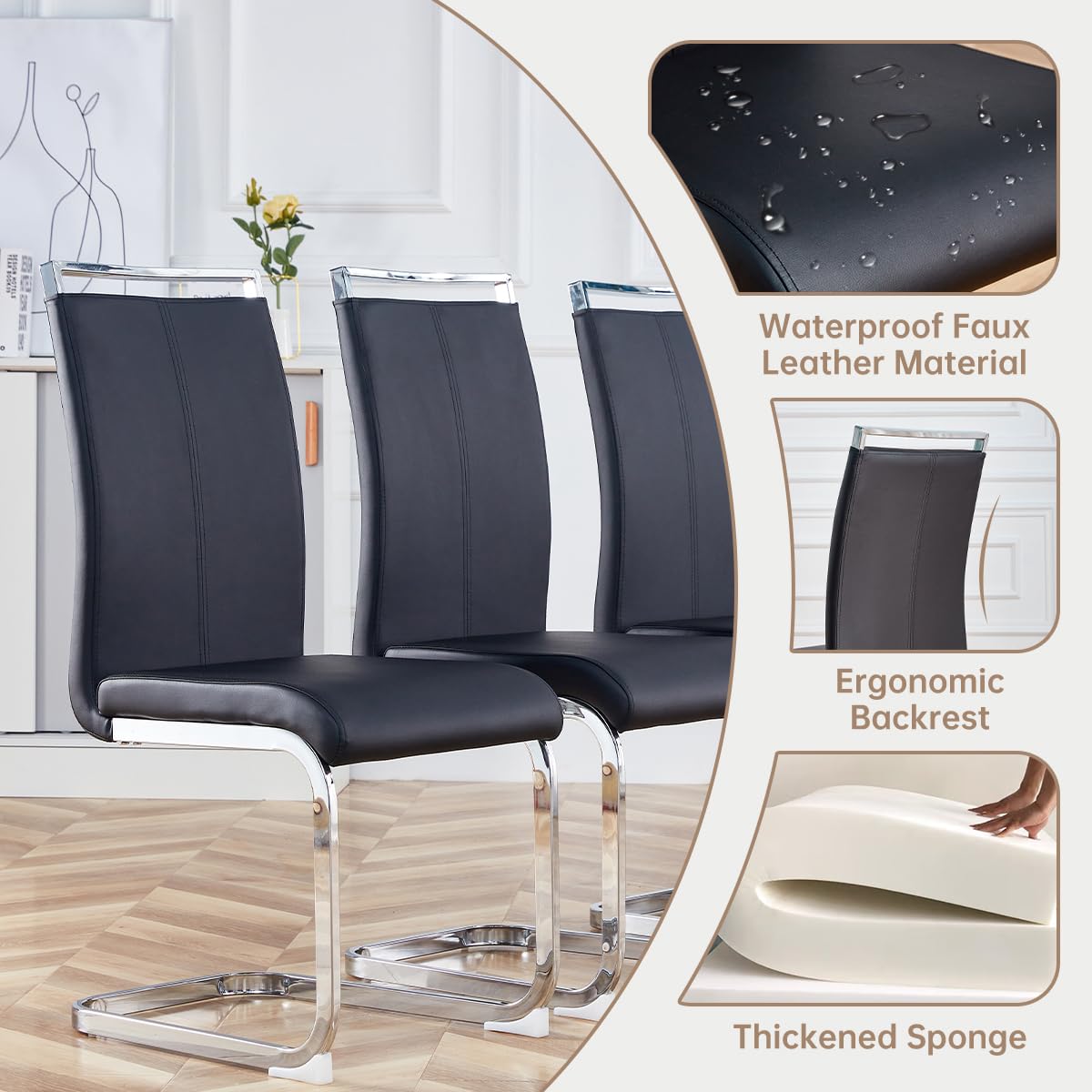 JEARGE Glass Dining Table Set for 4,Dining Room Table Set for 4 with PU Leather Chairs,Retangular Dining Tabletop with MDF Legs and Sliver Base for Dining Room (Black Chair, 1 Table + 4 Chairs)
