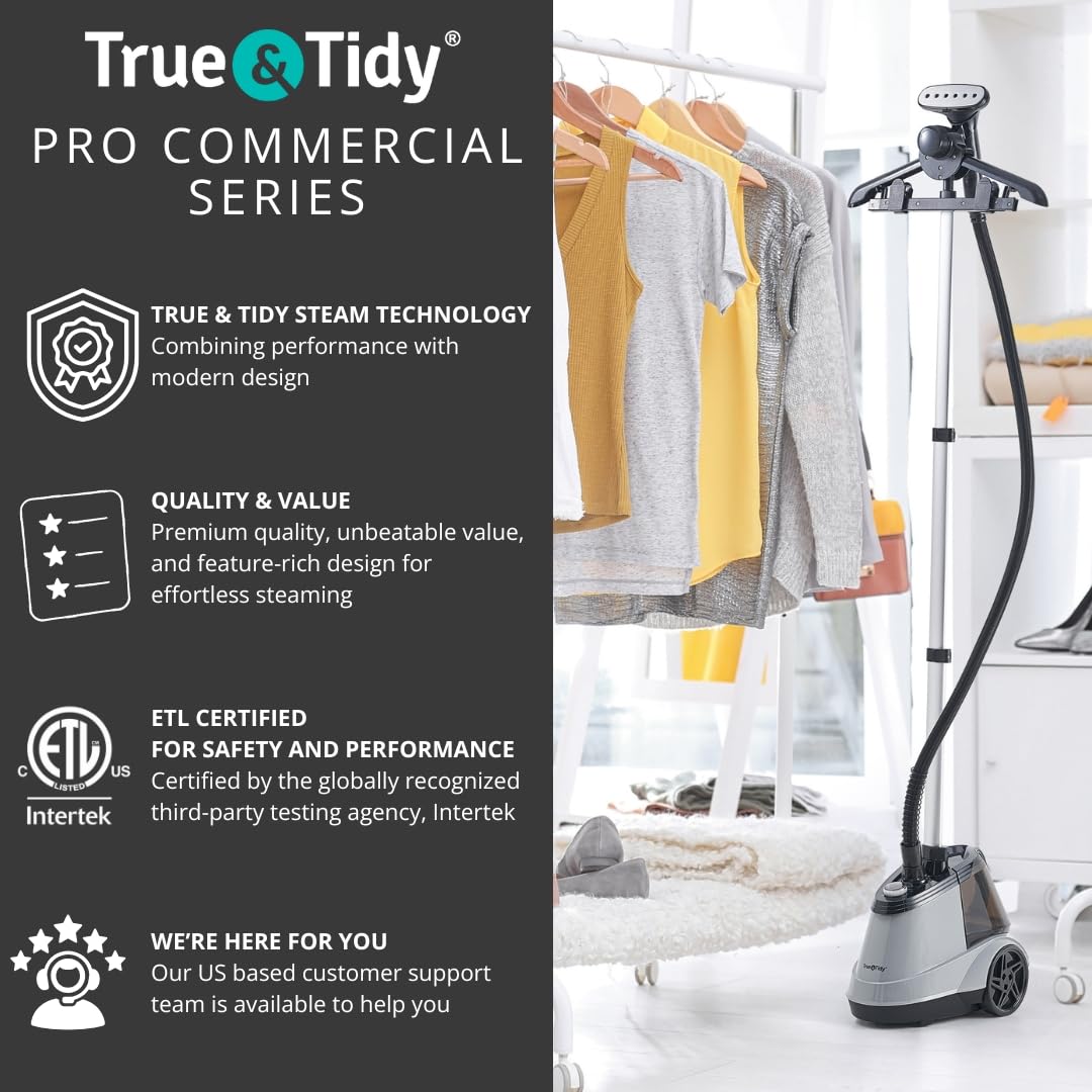 True & Tidy Heavy Duty Commercial Full Size Standing Garment Steamer for Clothes with Extra Large 3L (101 oz) Water Tank for 90+ mins of Steam Time, 1800 watts of Powerful Steam, 3 Settings, Gray