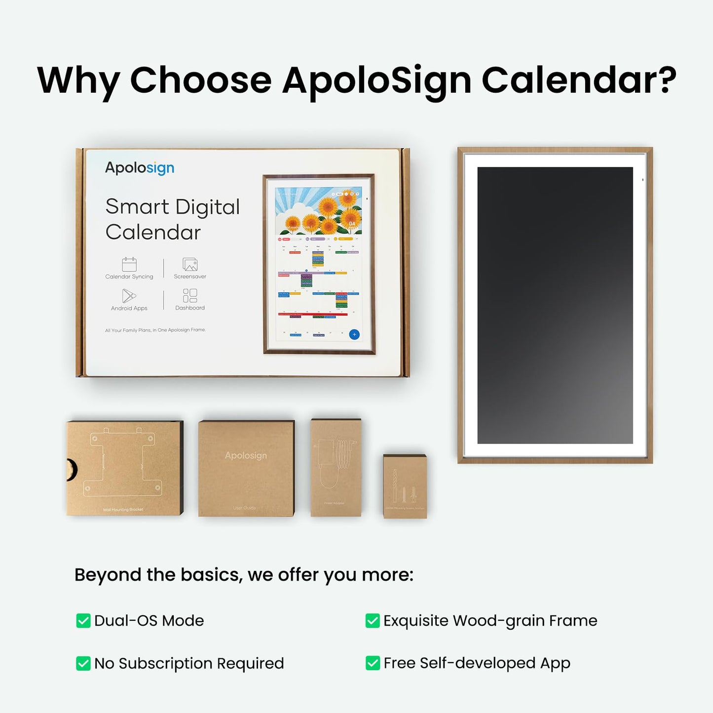 ApoloSign 21.5" Digital Calendar: Dual Mode Calendars with Google Play & Multi-calendar Sync, Electronic Planner & Chore Chart, Smart Touchscreen, Interactive Display fo Schedules (Teak,21.5-inch)