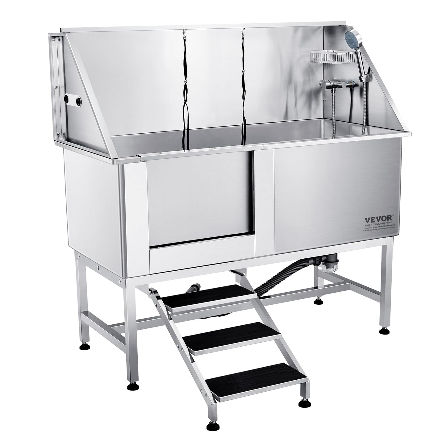 VEVOR 62" Pet Dog Bathing Station w/Stairs, Professional Stainless Steel Dog Grooming Tub w/Soap Box, Faucet,Rich Accessory,Bathtub for Large,Medium,Small Pet, Washing Sink for Home(Left)