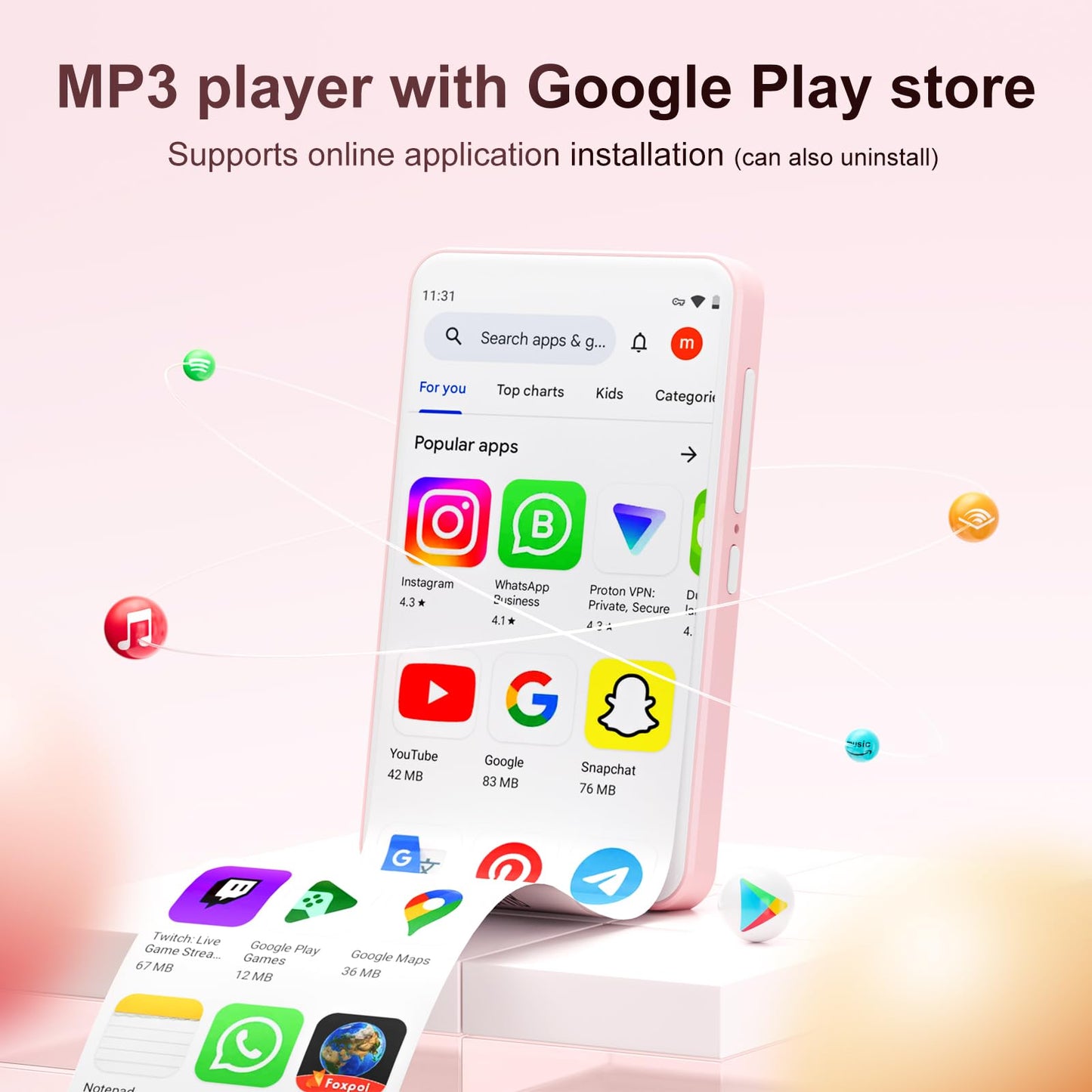 80GB MP3 Player with Bluetooth and WiFi, Mp3 & Mp4 Music Player with Spotify, Amazon Music, Deezer, Audible, Browser, 4.0" IPS Touch Screen Android Player with Speaker, FM Radio, Up to 512GB（Pink）