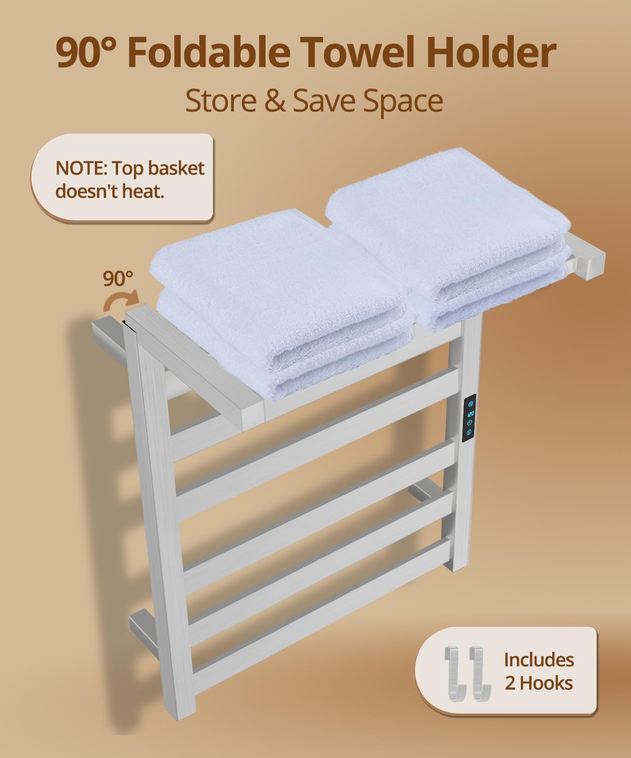 Aquatrend Towel Warmers for Bathroom, Wall-Mounted Rack with 90° Folding Towel Holder, Plug-in, Silver Nickel, Space-Saving