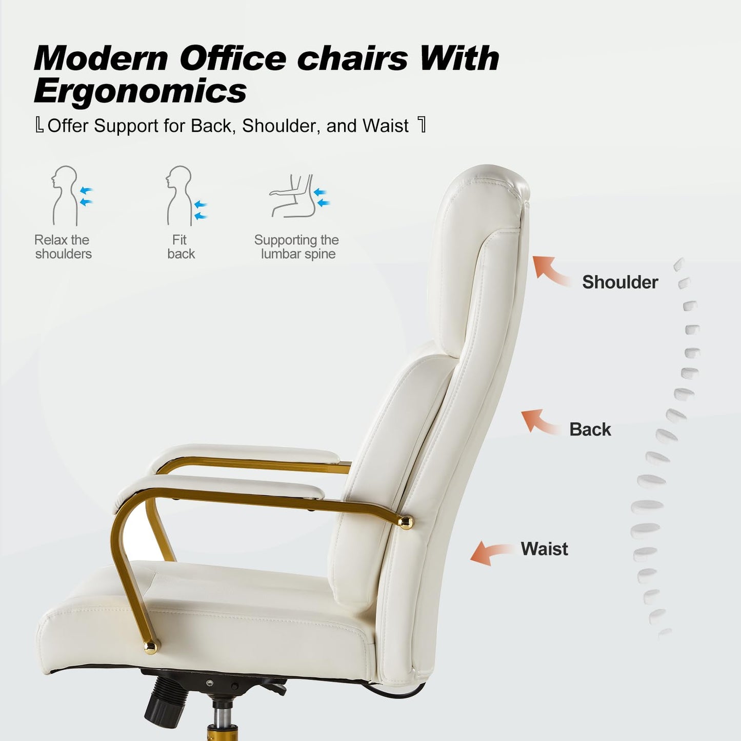 HULALA HOME Executive Office Chair with Adjustable Lumbar Support, Leather Ergonomic Office Chair with Padded Armrests, Tilt and High Back, White and Gold