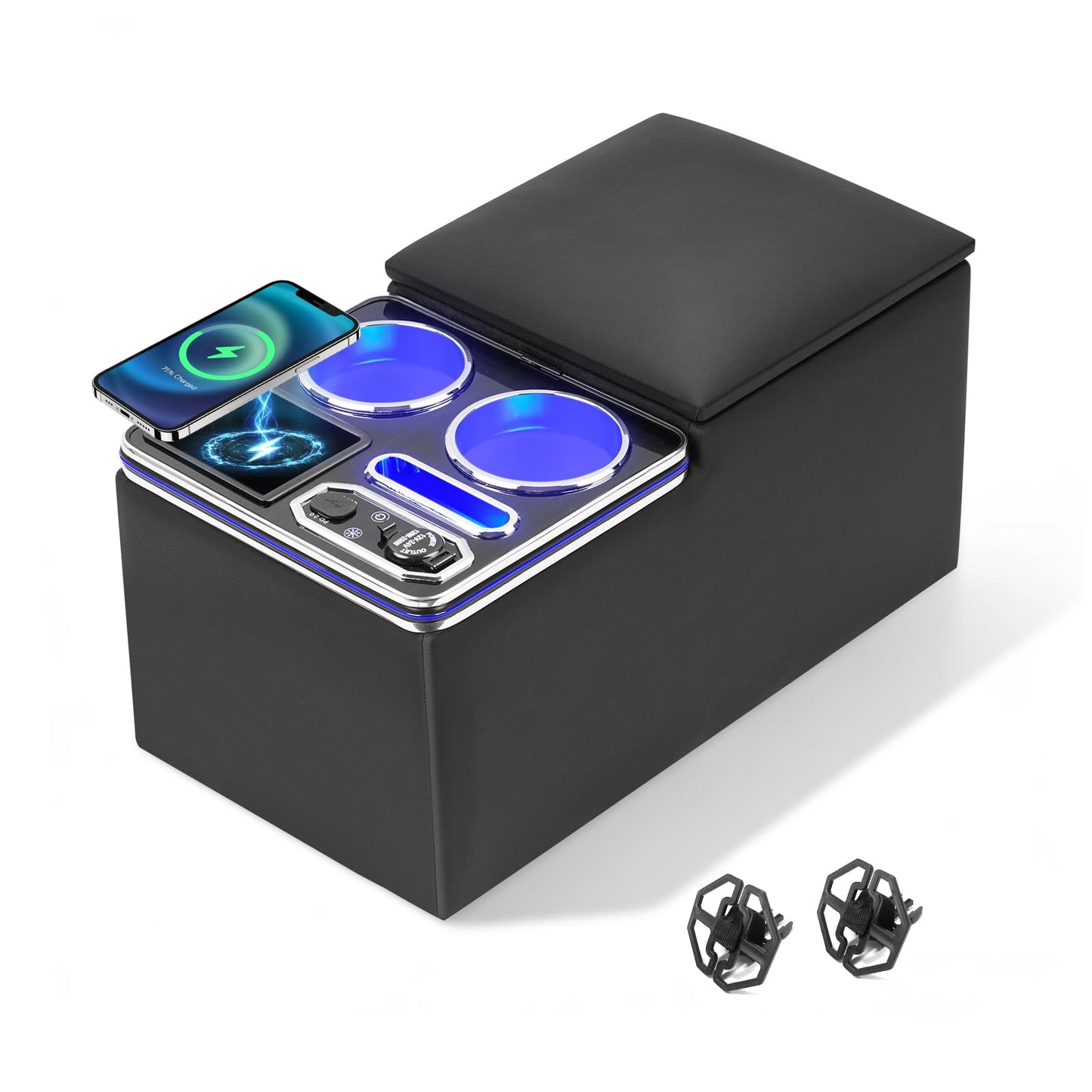 CEMOFE Upgraded Center Console, Wireless Charging Phone Holder & Cup Holders Armrest Organizer for Car Minivan Truck Van, Universal Rear Bench Seat Storage Box with 7 Modes LED Light