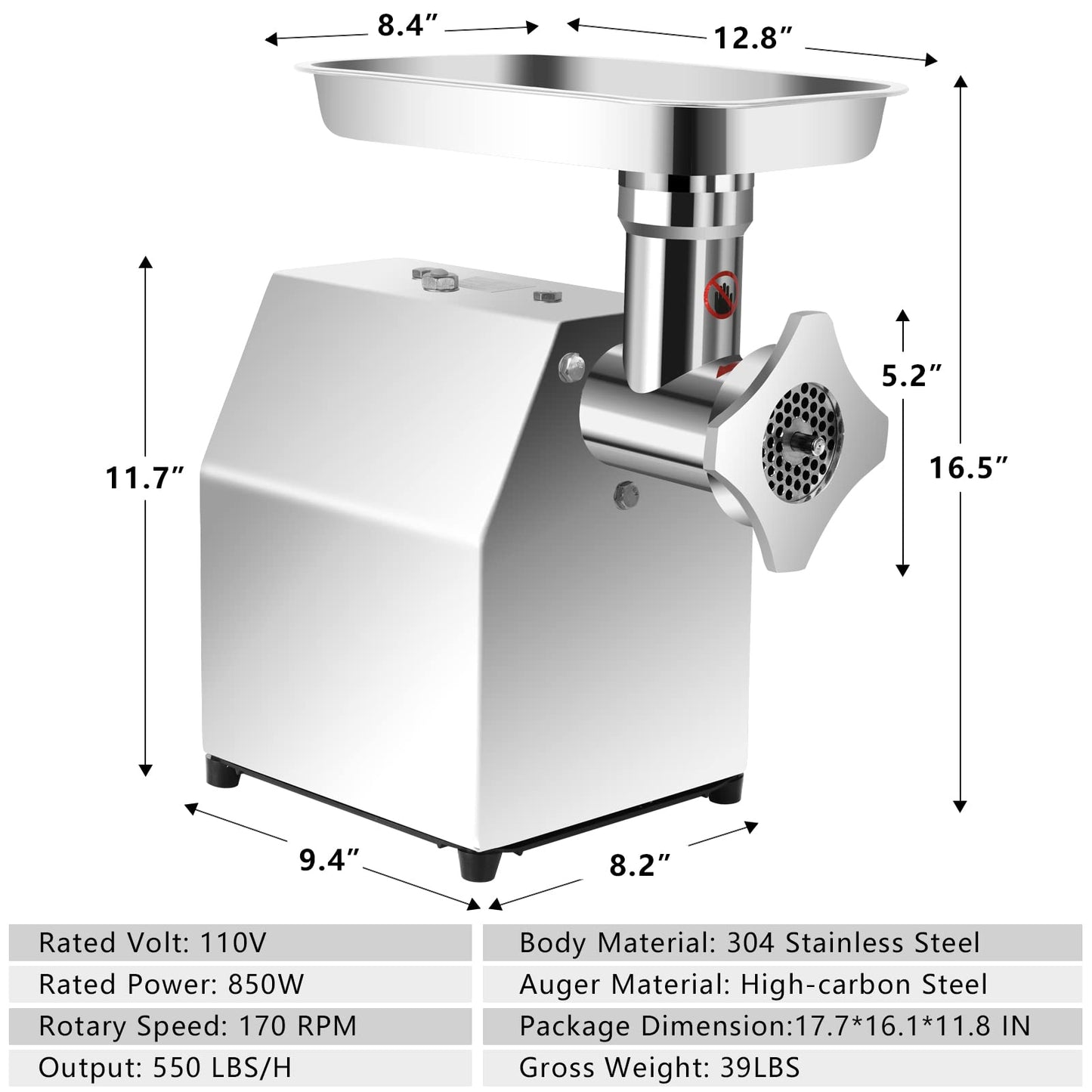 DIYAREA Commercial Meat Grinder, 850W 550LB/H Stainless Steel Electric Meat Mincer with 2 Blades, 2 Plates, Sausage Stuffer Tube, Heavy Duty Sausage Maker & Kibbe Kit for Home Kitchen Use, Restaurants