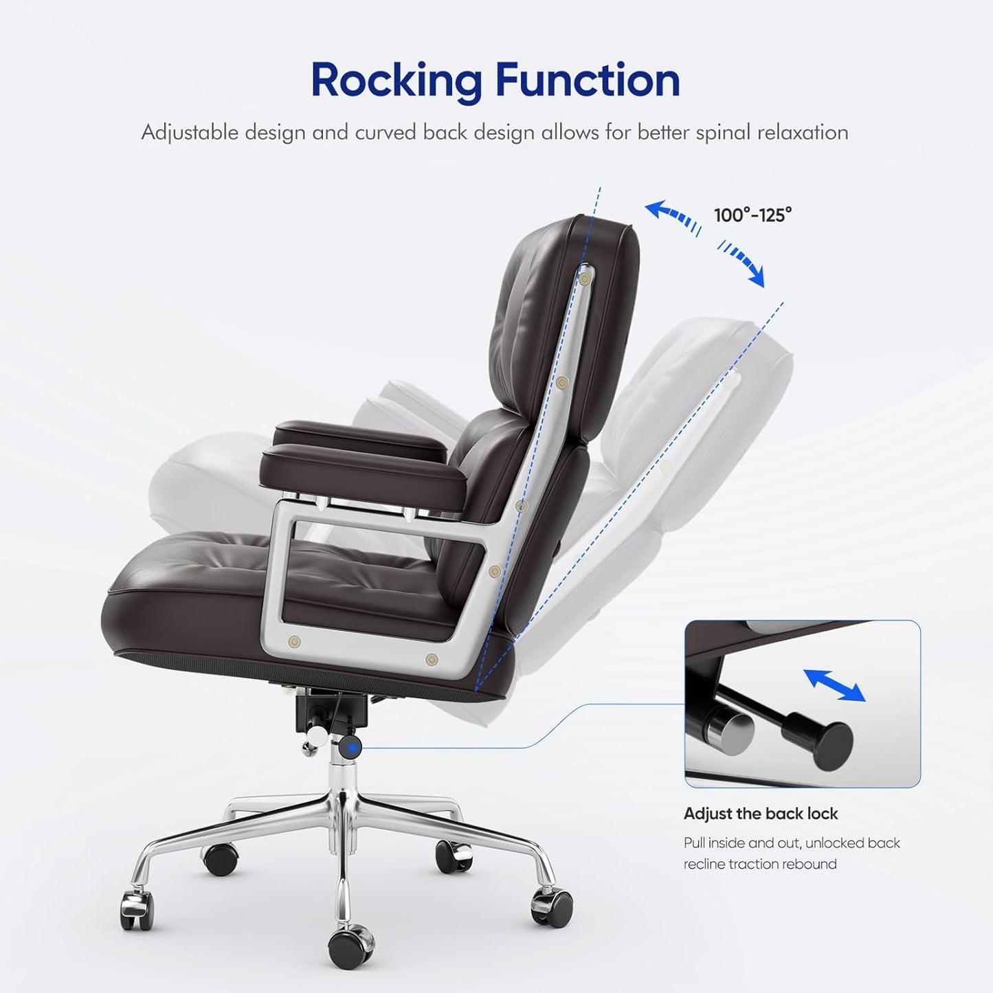 Genuine Leather Office Chair, Padded Mid Back Conference Desk Chair with Aluminum Arms and Leg, Executive Swivel Leather Chairs with Wheels, Thickened Backrest and Ergonomic Lumbar Support, Brown