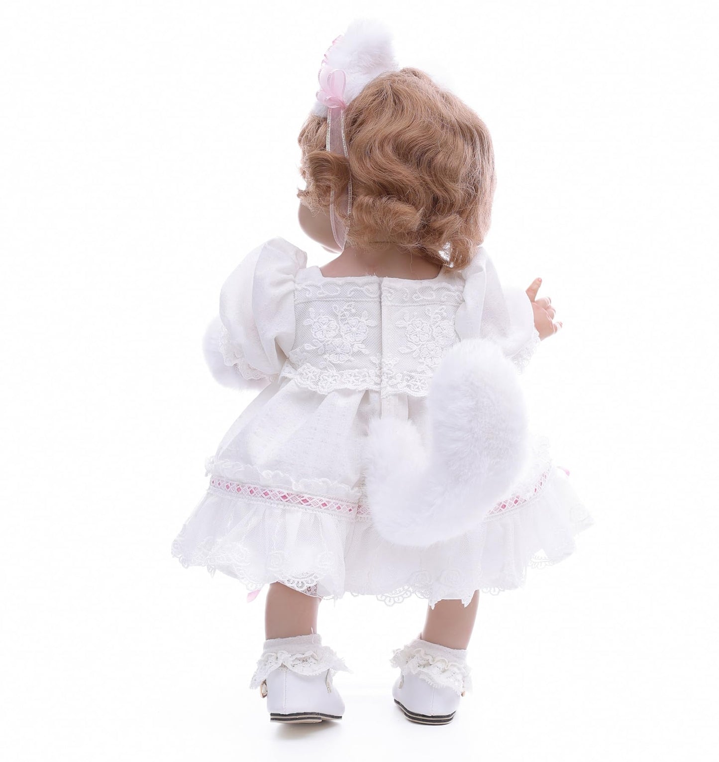 Cloveray Baby Doll, 18 Inch Realistic Reborn Toddler Real Life Baby Dolls with White Lace Dress, Magnetic Cat Nose, Fluffy Paw Mitten & Tail, Premium Collectible Gift for 3+ Year Old Girls