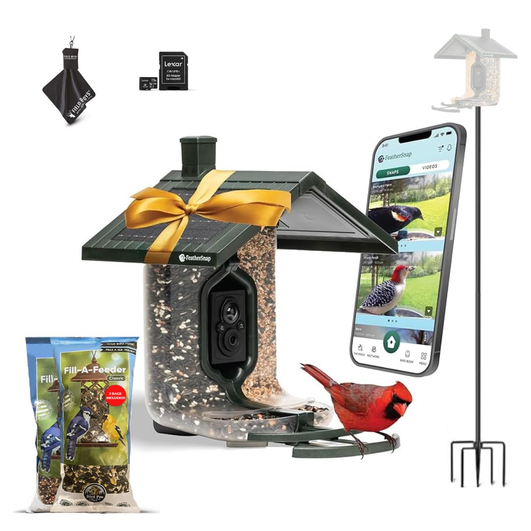 Feathersnap Smart Bird Feeder with AI Identification & HD Camera – Solar-Powered Wi-Fi Feeder Sends Photos & Videos to Your Phone – Includes Pole Mount, Bird Seed, 32GB SD Card, & Cleaning Cloth