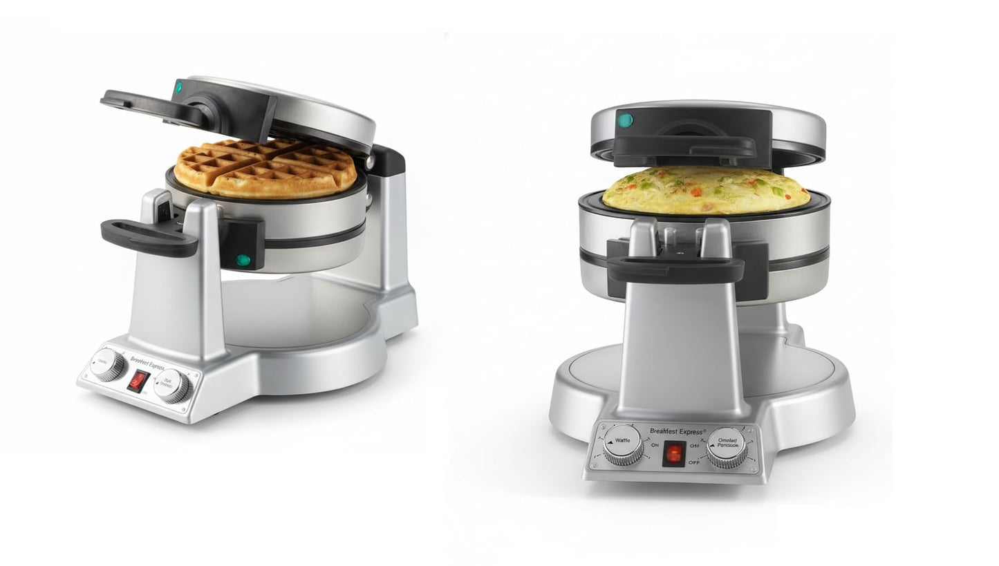 Cuisinart Breakfast Express Flip Waffle and Omelet Maker, One Side Waffle Maker and One Side Egg and Omelet Maker, 1 Inch Belgian Waffles, Nonstick, Dual Browning Controls, Stainless Steel, WAF-B50
