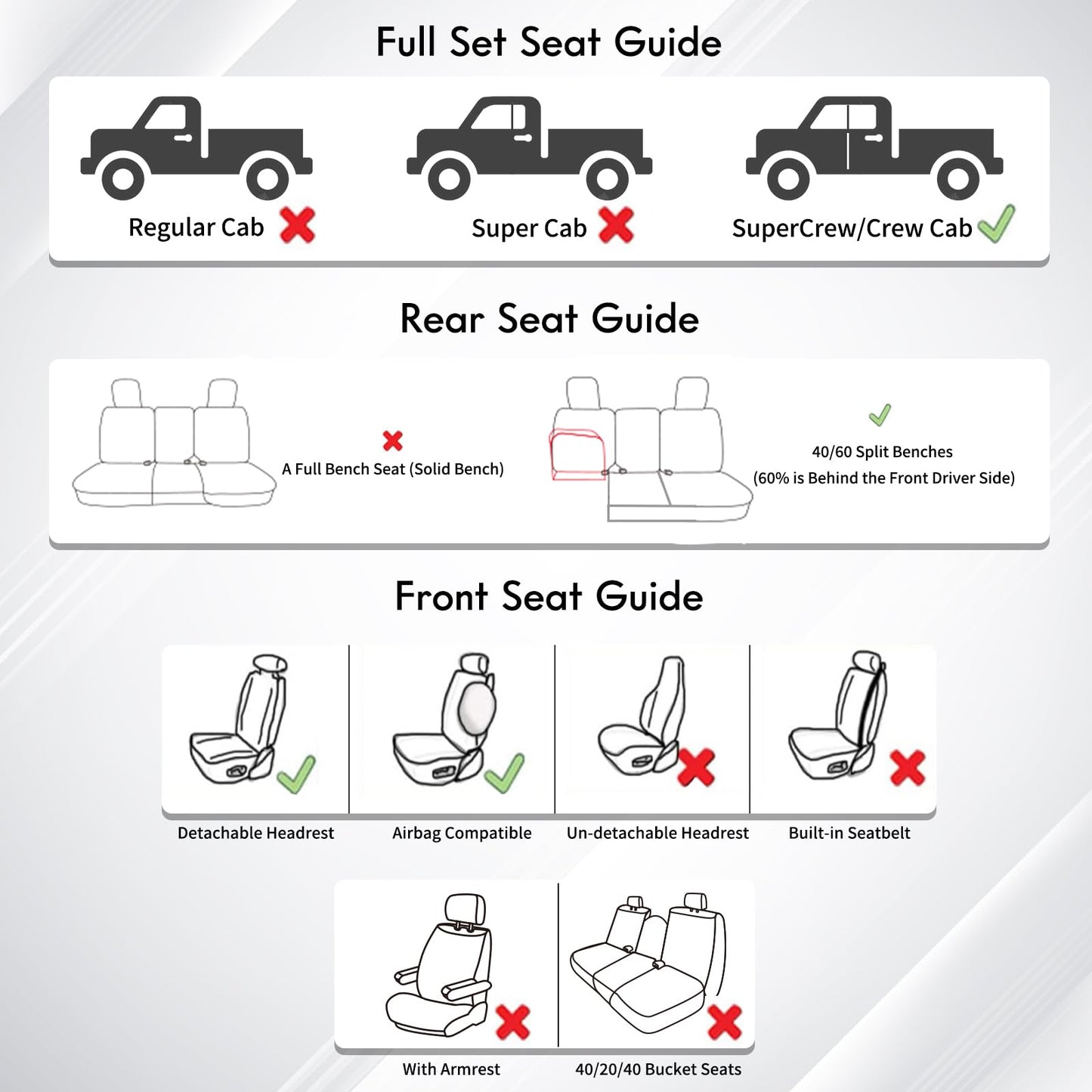 Huidasource Ford Seat Covers, Leather Pickup Seat Cushion Cover Fit for 2015-2025 Ford F150 SuperCrew & 2017-2025 F250 F350 F450 Super Duty Crew Cab XL XLT Lariat King Ranch Platinum(Full Set/Black)