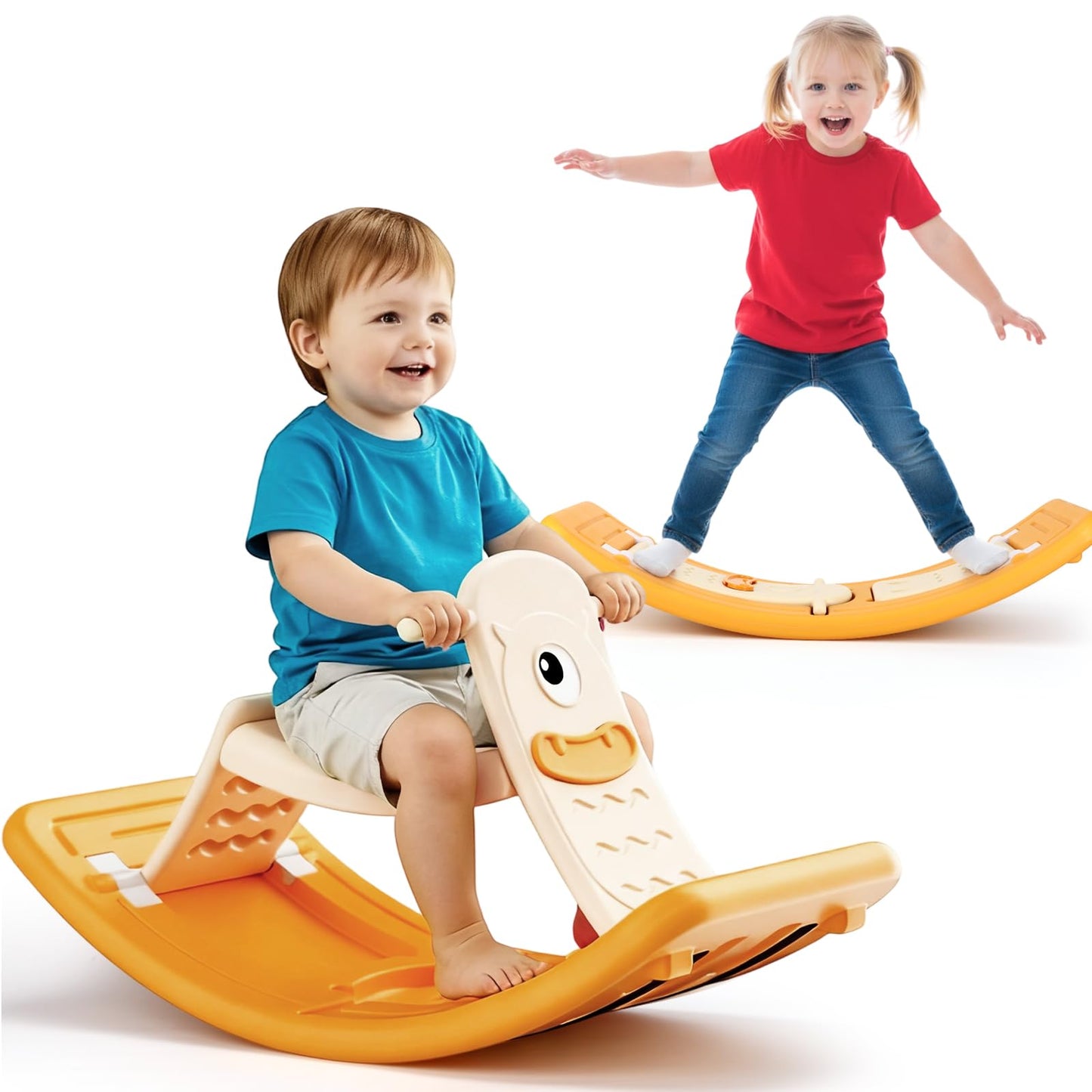 Motionchic Rocking Horse for Toddlers Kids 3 in 1 Wobble Balance Board 3-5 Year Old Rocker Balance Board Baby Rocking Toy with Pedal Backrest Birthday Gift Open Ended Learning Toy for Girl and Boy
