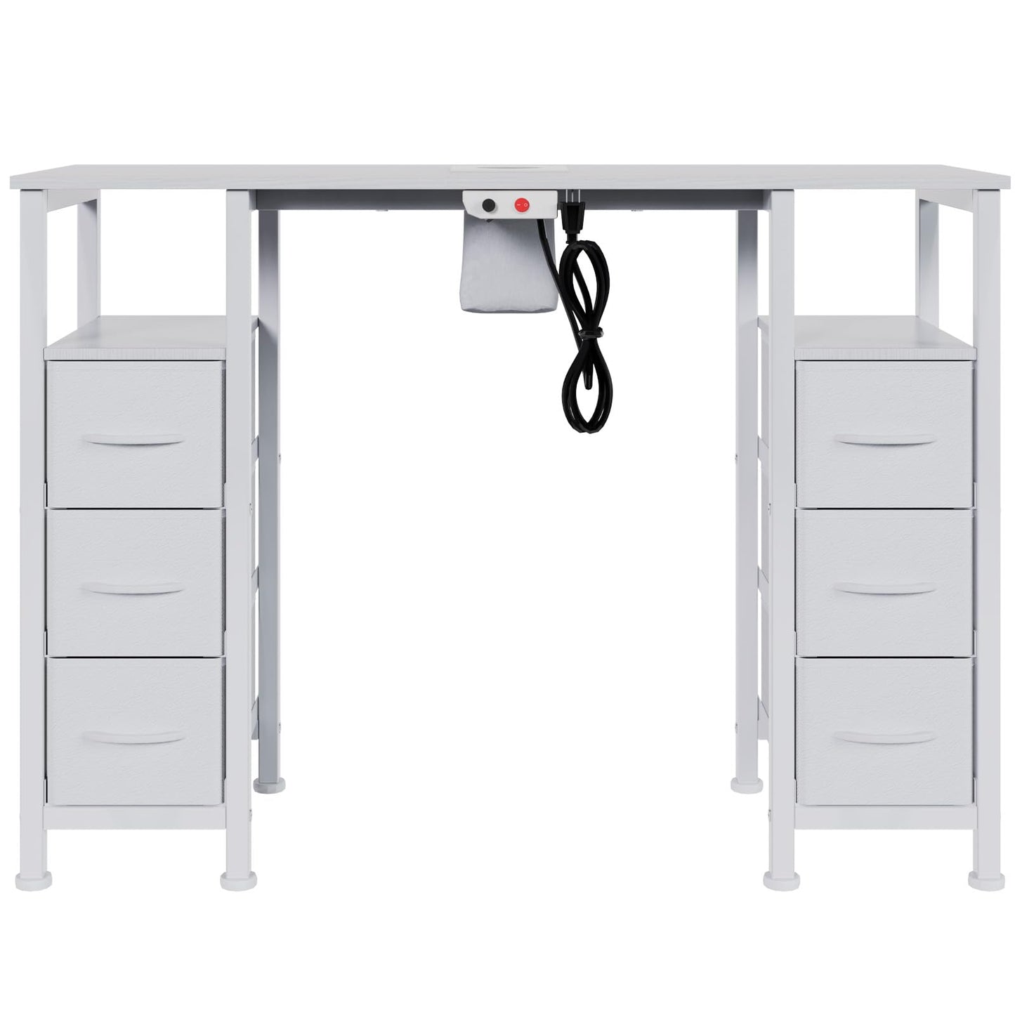 WODRAWER Manicure Table Nail Desk for Nail Tech, Nail Beauty Table w/Electric Dust Collector & 6 Storage Drawers & Open Shelves for Home, Workshop, Makeup Beauty Salon Workstation (White)