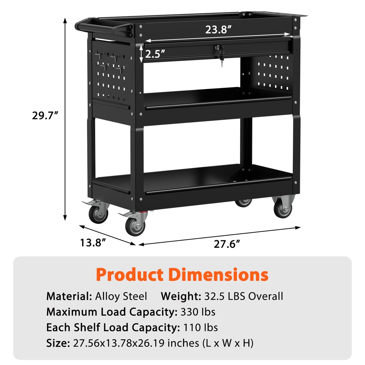 SGmory 3-Tier Heavy Duty Utility Cart on Wheels, Rolling Tool Cart on Wheels with a Drawer, 350 Lbs Load Capacity Service Cart for Warehous, Garage and Repair Shop (Black)