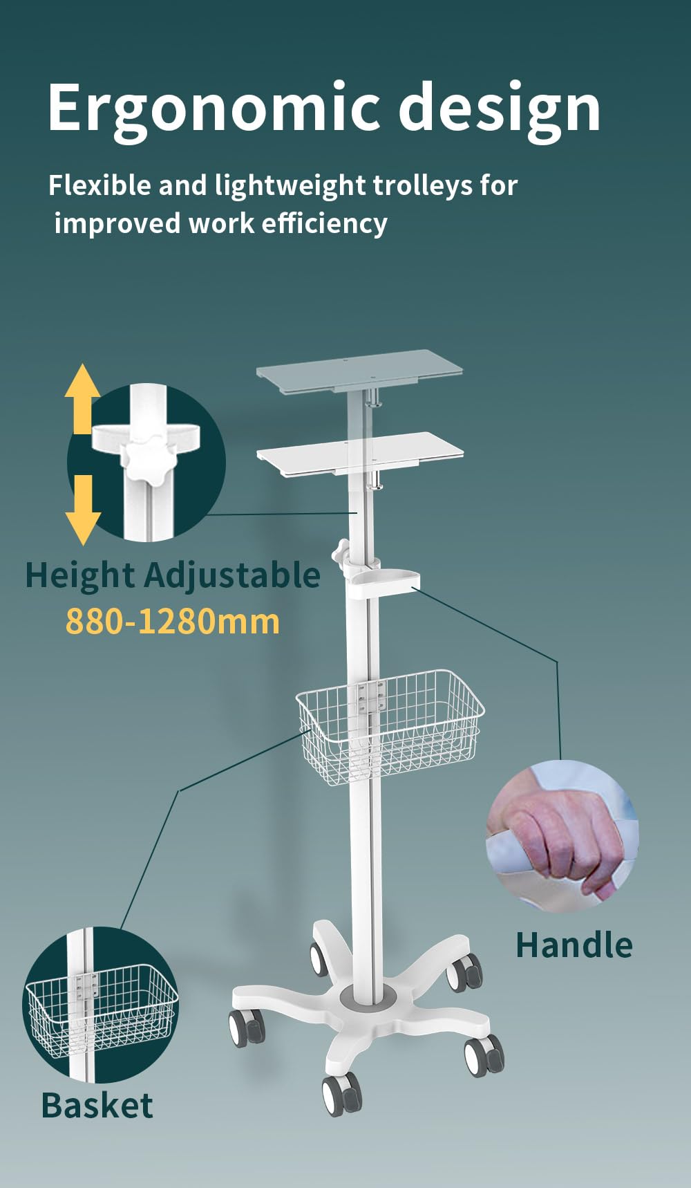 Mount Plus X3 Height Adjustable Aluminium Rolling Stand for Patient Monitor Medical Trolley Cart with Basket and and Locking Casters for Dental Office, Hospital, Clinic