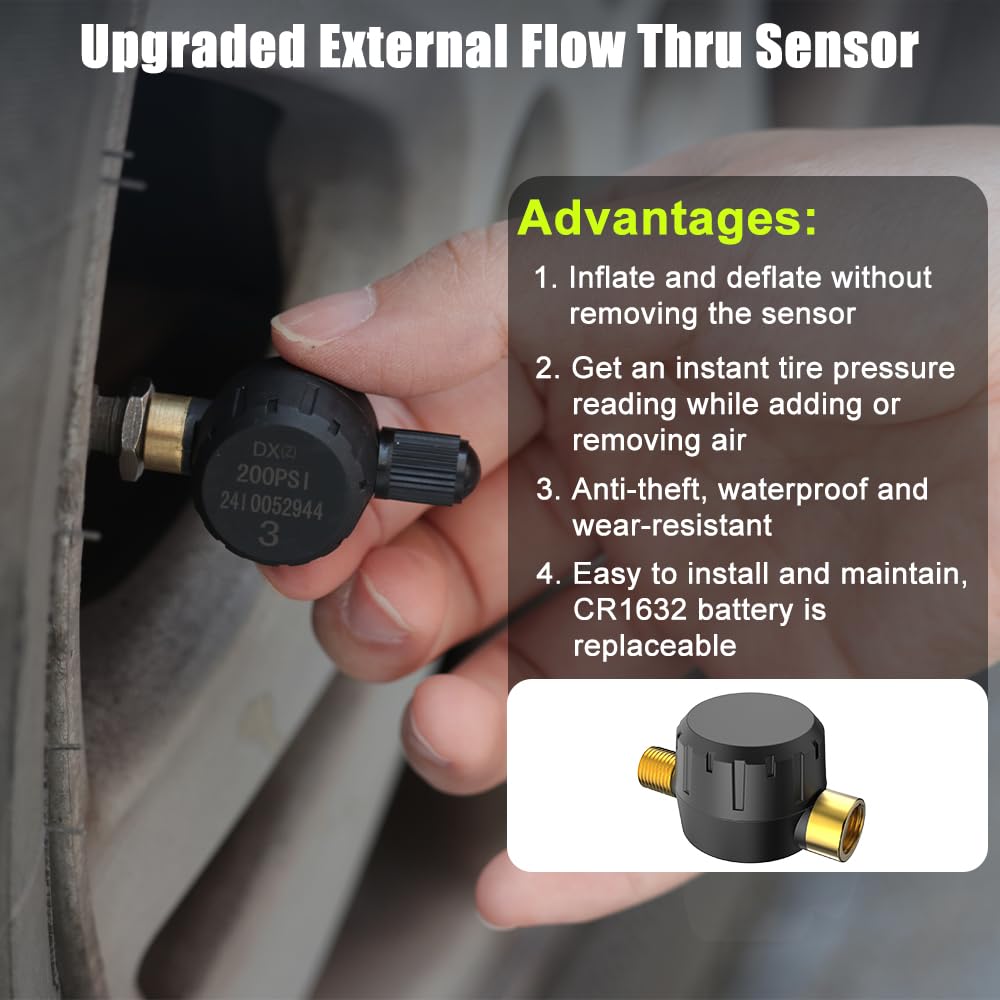 B-Qtech Tire Pressure Monitoring System Solar TPMS w/8 Flow Thru Sensors & Signal Repeater - Long Range Transmission for RV/Truck/Trailer/Camper, 7 Alert Modes Real Time Monitoring (0-199 PSI)