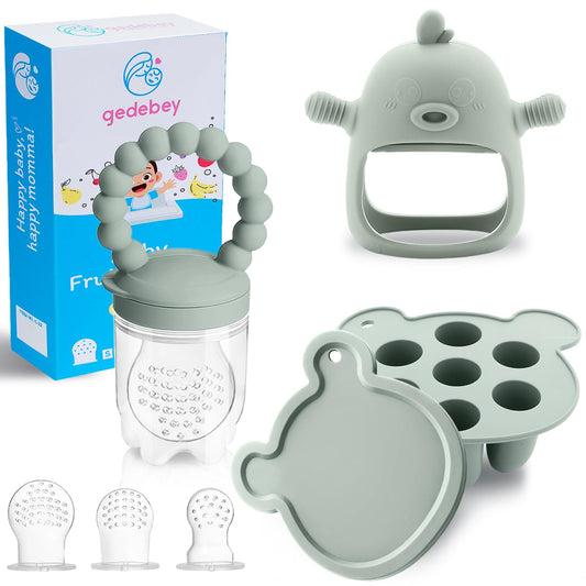 Gedebey 3-in-1 Baby Food & Fruit Feeder Set – Breastmilk Popsicle Mold with Freezer Tray, Teething Relief Toy, BPA Free Infant Silicone Feeding Combo, 3 Bonus Sizes (S/M/L) Sacs (Pea Green)