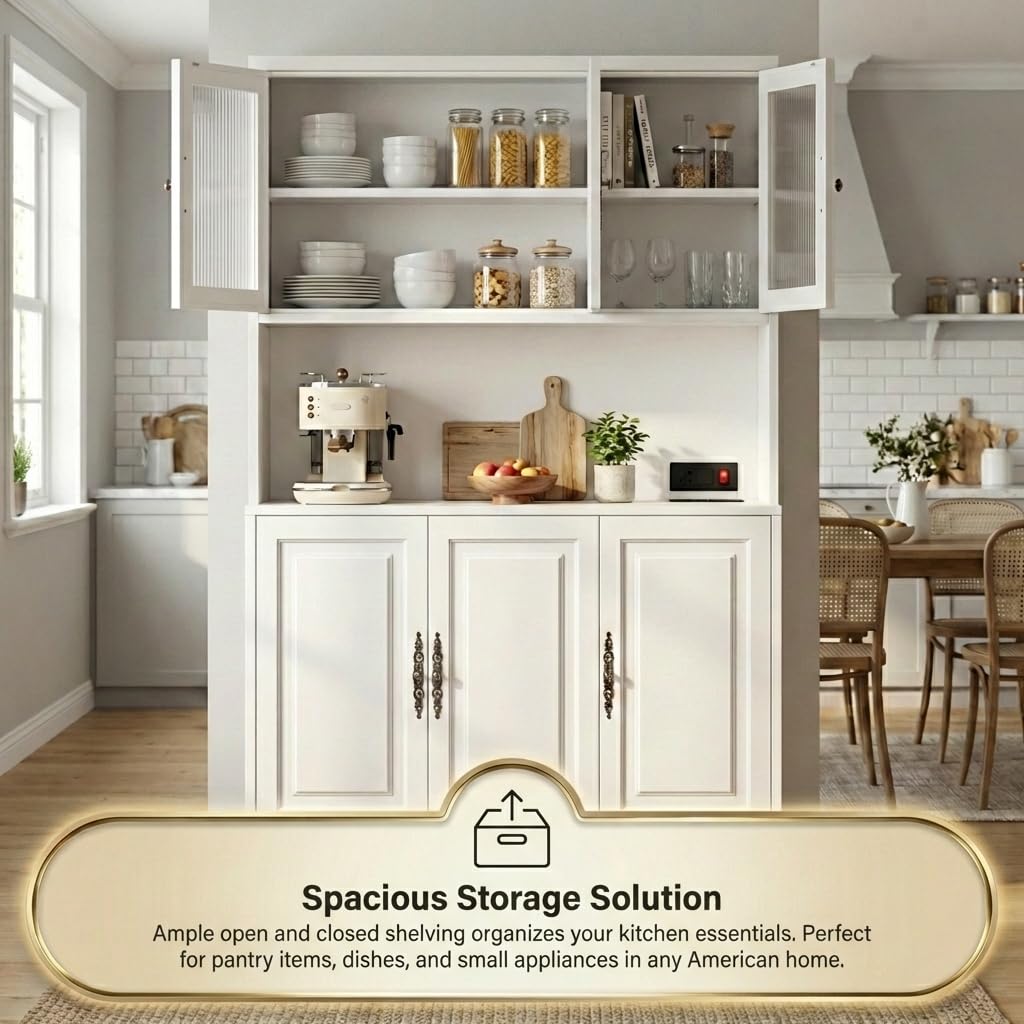 AUN Pantry Cabinet with Charging Station - 68" Multi-Scene Storage Cabinet for Kitchen, Coffee Bar, Dining Room | Adjustable Shelves & Soft-Close Doors,White
