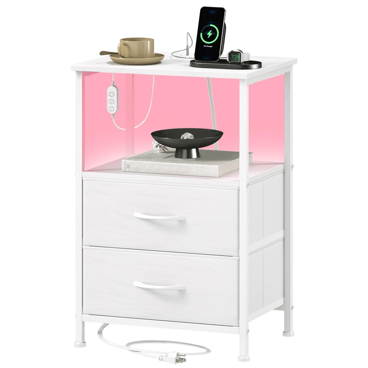 Somdot White Nightstand with Charging Station and LED Light for Bedroom, 2 Drawers Dresser with Fabric Bins for Bedside Kids Dorm Room Closet Laundry Entryway, White Leather