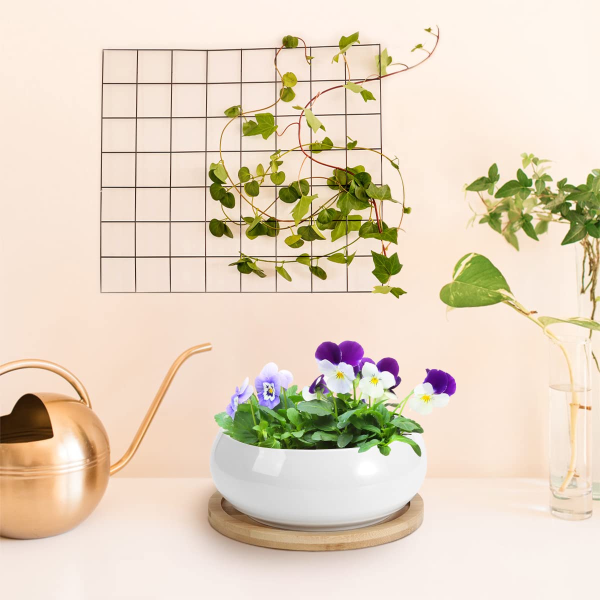 ZOUTOG Succulent Pots, White Mini 3.15 inch Ceramic Flower Planter Pot with Bamboo Tray, 6 inch Ceramic Planters for Indoor Plants, Plants Not Included
