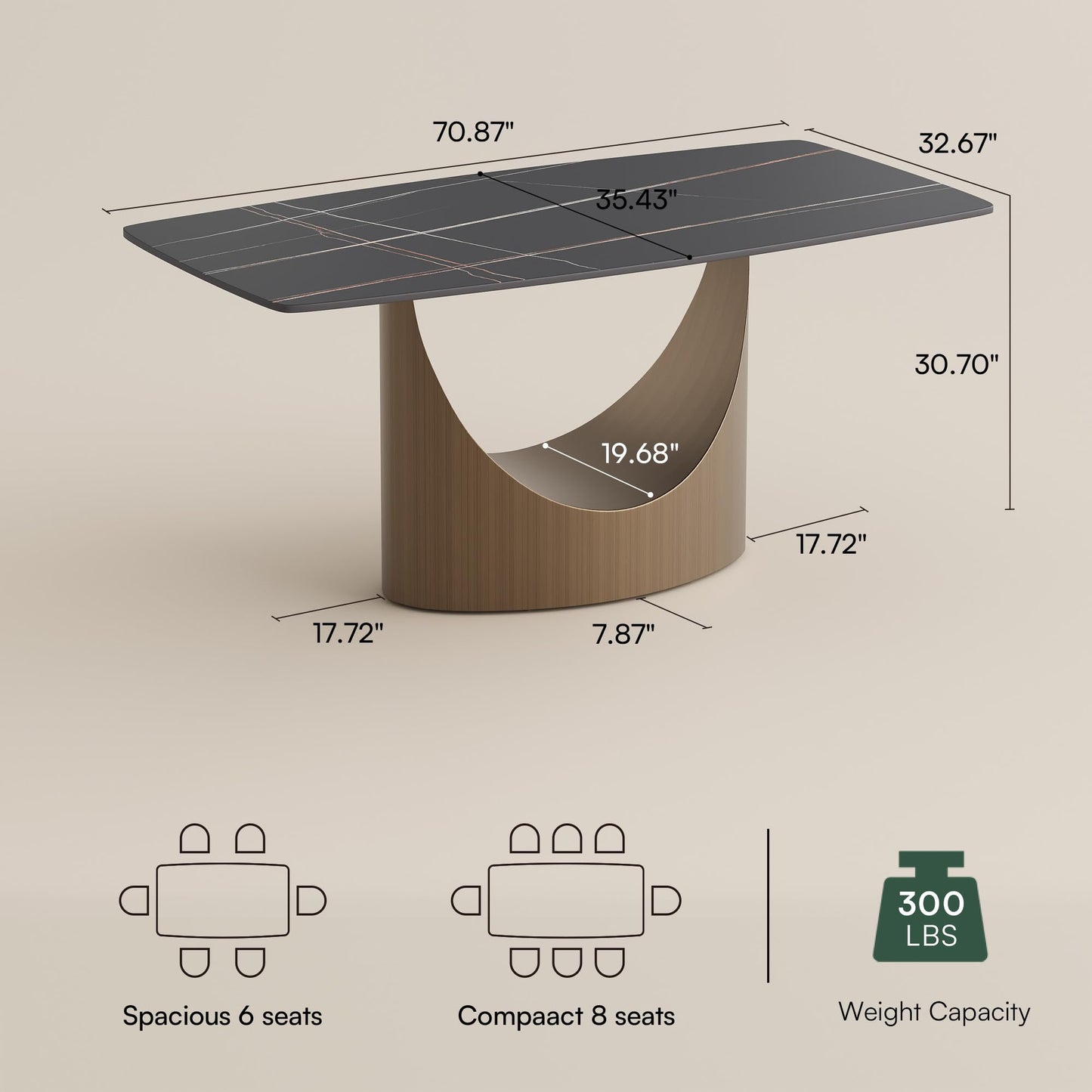 POVISON 71" Modern Dining Table for 6, Matte Black Heavy-Duty Dining Table, Sintered Stone Dining Tabletop with Bronze Carbon Steel Pedestal, 71 inch Rectangle Dining Room Table (Table Only)