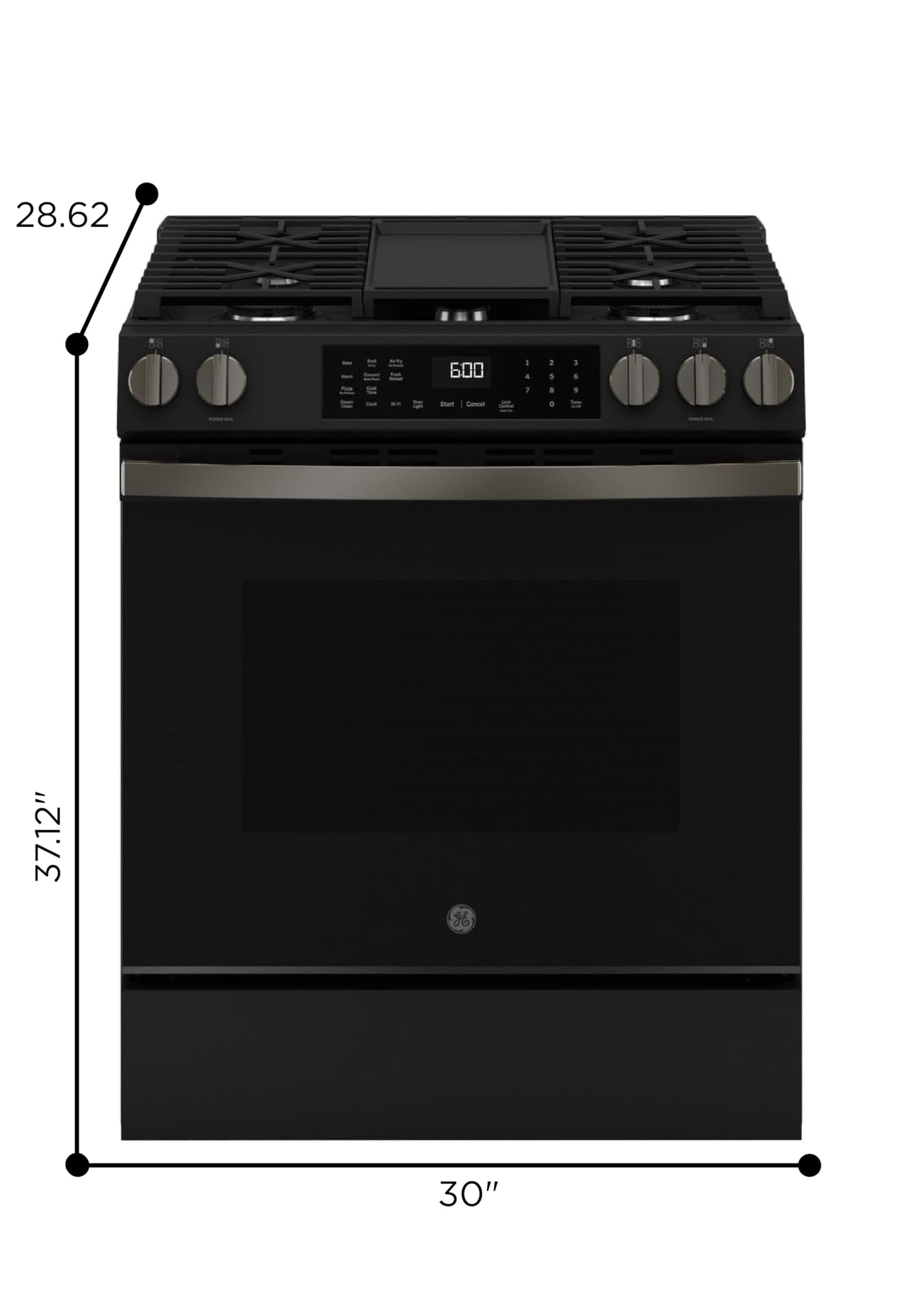 GE 30-Inch Slide-In Gas Smart Range with Convection, No-Preheat Air Fry, 5 Sealed Burners, Black Slate