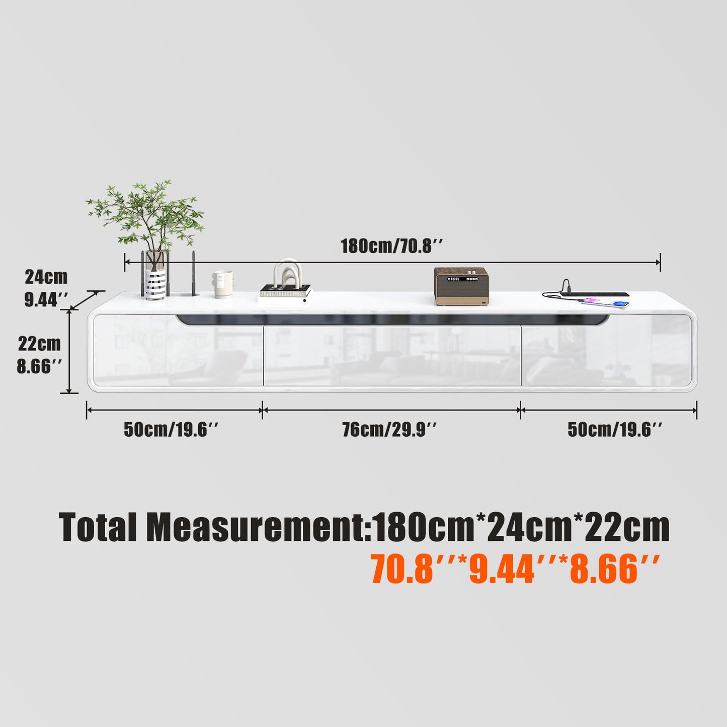 Fully Assembled 71inch High Gloss Floating TV Stand No Assembly with Fast Charging USB Wall Mounted TV Cabinet Piano Lacquer TV Cabinet with 3 Doors Easy To Clean For Living Room Bedroom (White)