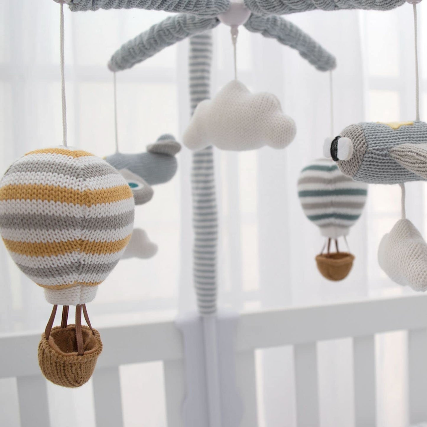Baby Crib Mobile for Boys - Up Up and Away - Premiun Musical Nursery Decor, Sky Hot Air Balloon, Clouds & Planes, Calming Music Soother with 12 Lullabies - Essential & Perfect Gift by Living Textiles
