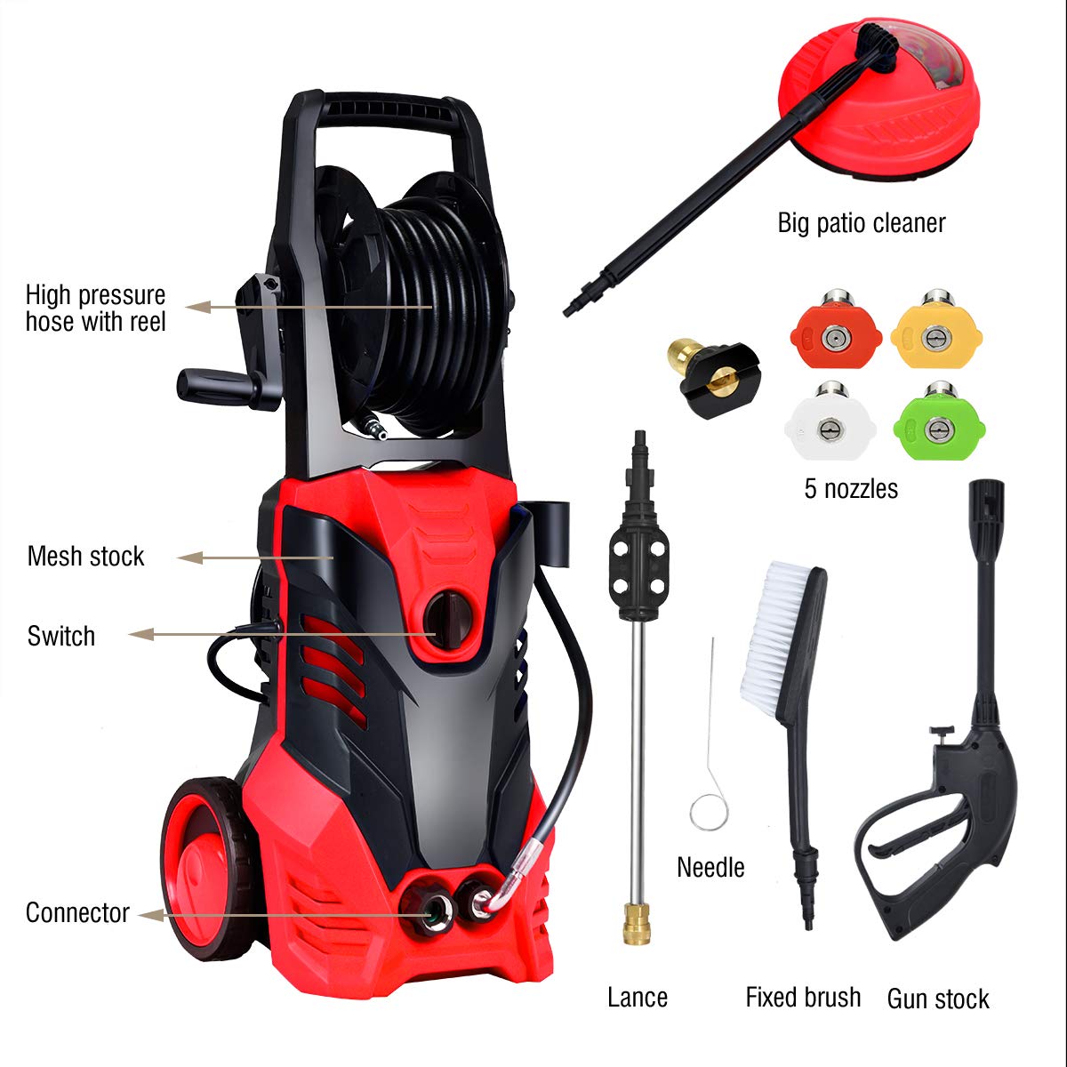 Goplus 3000PSI Electric Pressure Washer, Portable High Power Washer w/ 5 Nozzles, Hose Reel, Soap Bottle, 2 GPM 2000W (Red)