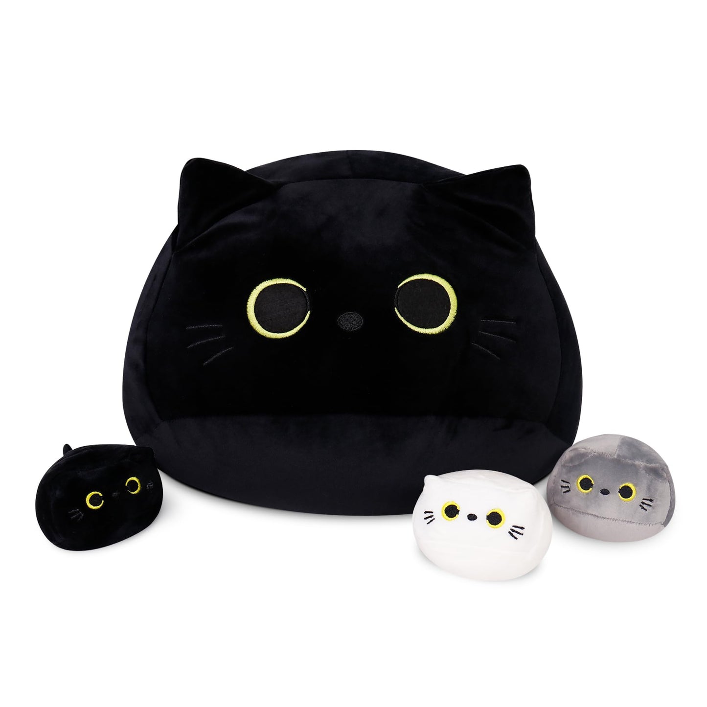 WeBingo Black Cat Plush Toy 4-Piece Set, 16'' Giant Cat Stuffed Animal Plushies Pillow with 3 Babies for Girl Boy Kid Adult, Large Big Soft Gift for Birthday Christmas Valentine's Day Home Decor