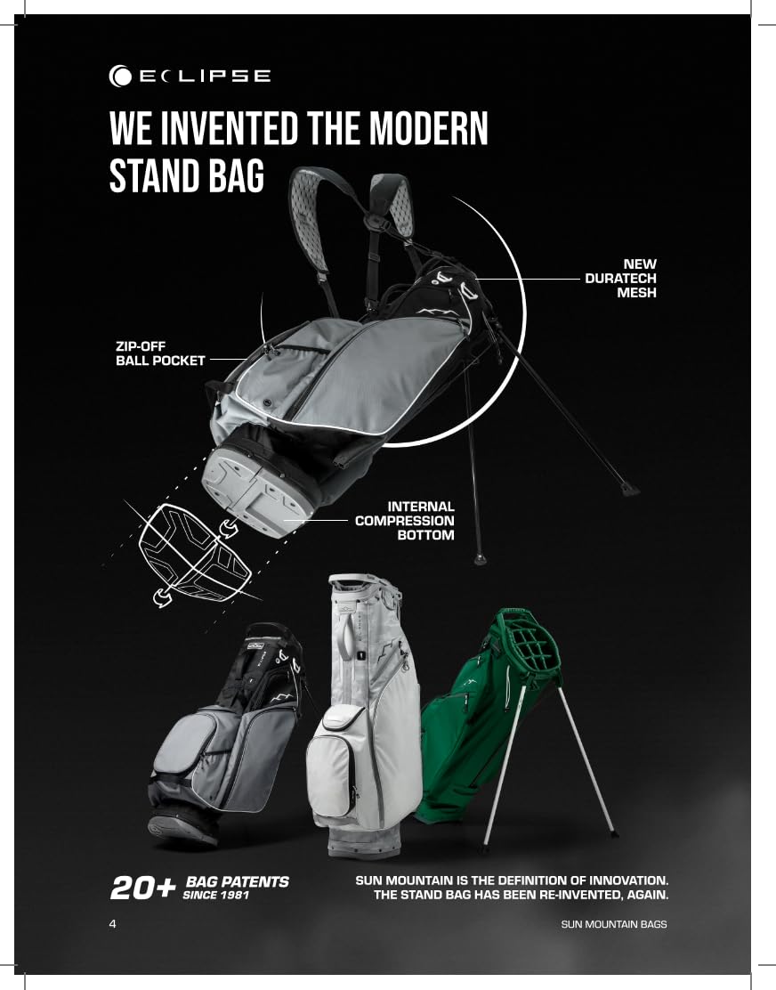 Sun Mountain Men's Eclipse 2.5 LS Lightweight Stand Golf Bag 4-Way Top - 8 Pockets, X Fit Dual Strap System, Push & Electric Cart Compatible Compression Base, 2025 Model - Black
