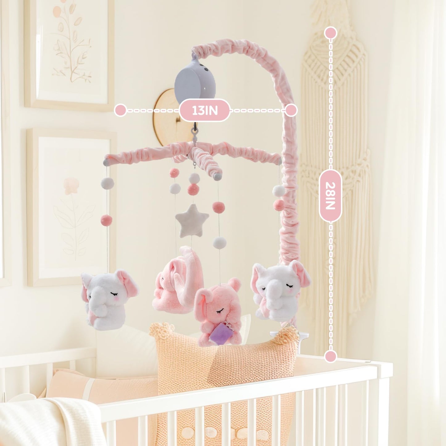 Baby Crib Mobile - Elephant Mobile for Crib with 28 Inches Mobile Arm and 35 Lullabies Musical Box, 3 Modes Digital, Volume Control, Essential Gift for Infant Boys Girls Bedroom Hanging Decor