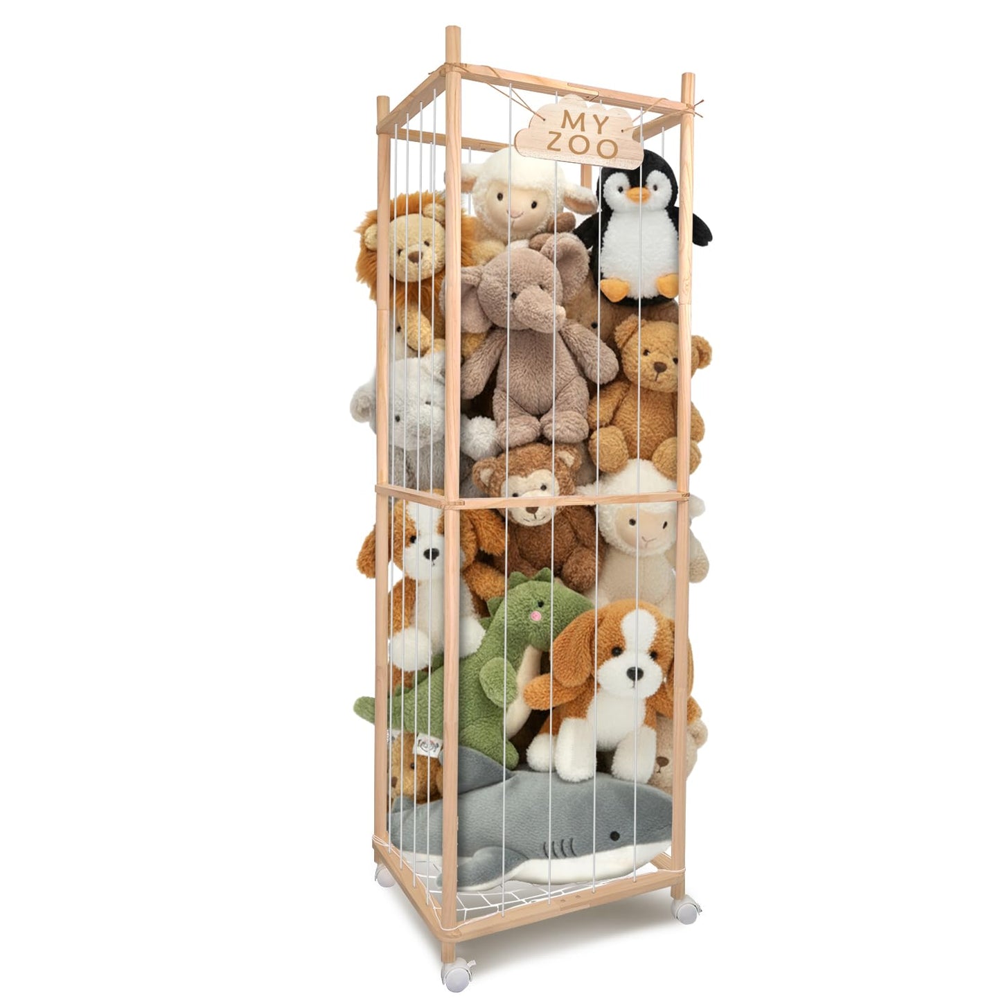 BETBEM Stuffed Animal Storage Zoo with Wheels, 64" Wooden Large Stuff Animals Plushies Holder Toy Organizer Kids Plush Storage Cage with Elastic Band and Net for Nursery Playroom Corner for Toddler