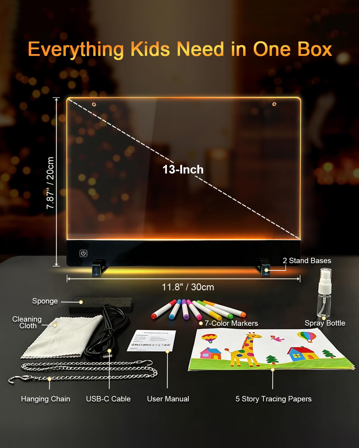 LED Drawing Board for Kids, 13" Rechargeable Light Up Drawing Pad, 72H Battery, Neon Art Dry Erase Doodle Glow Note Board with 5 Tracing Papers, 7 Markers, Kids Toy Birthday Gift for Boys Girls 3-12