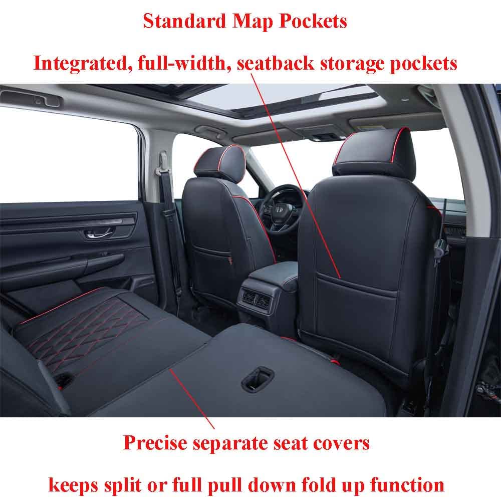 EKR CRV Seat Covers Custom Fit for Honda CRV 2023 2024 2025 2026 Leather Car Seat Cover Full Set for Trucks SUV,Waterproof Car Seat Cushion,Faux Leather (Black with Red Piping)
