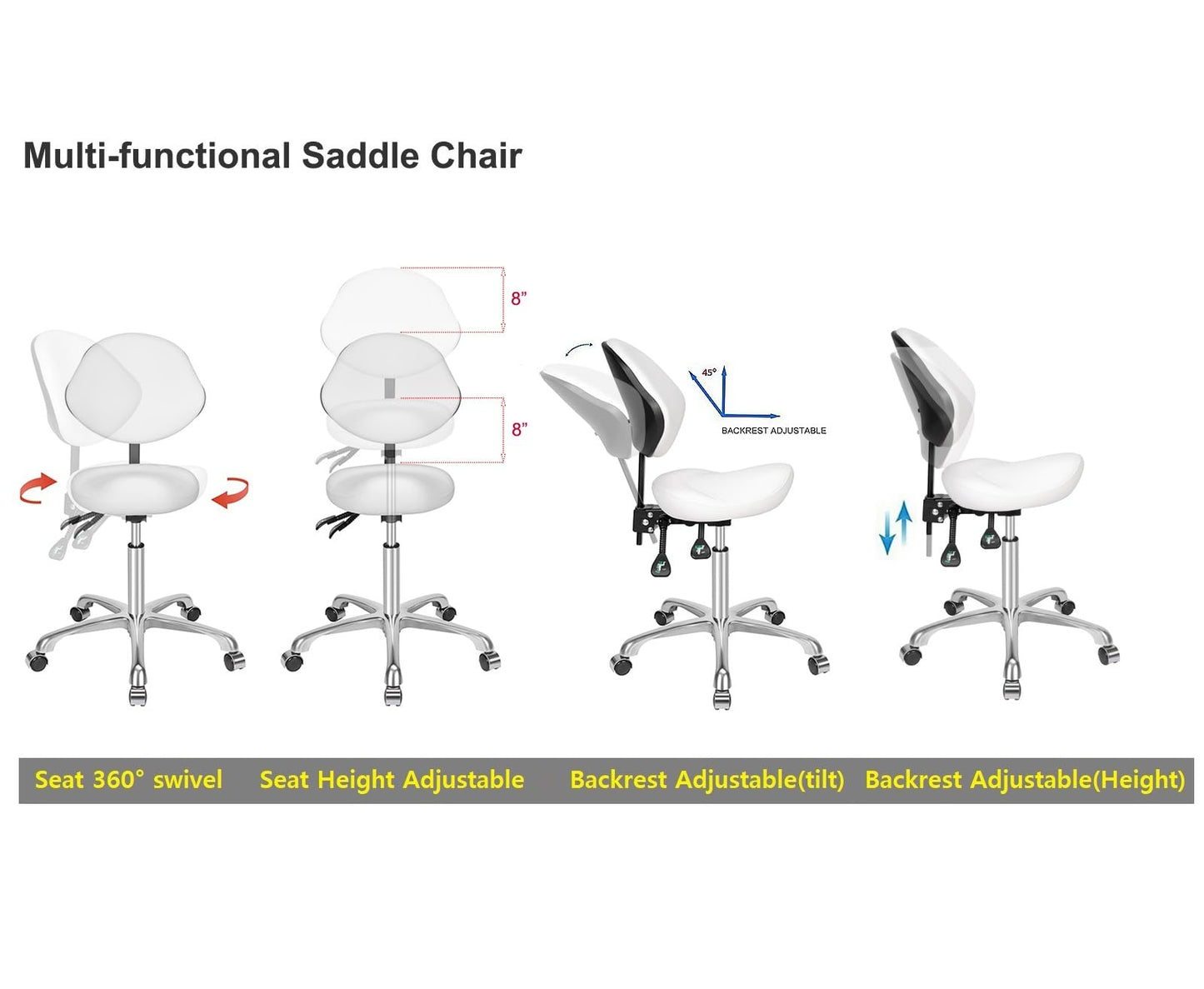 Kaleurrier Ergonomic Rolling Swivel Saddle Stool with Wheels - Hydraulic Lifting Height Adjustable Saddle Chair for Clinic Hair Salon Lab Kitchen Office Drafting Chairs (White, with Back)
