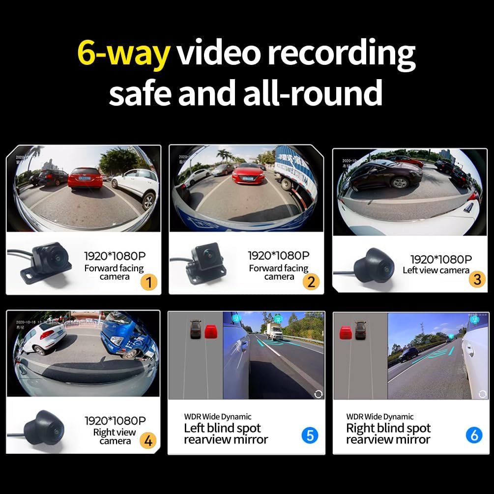 BY-J 360 Degree Bird View Surround System, 1080P Car DVR Recording Panoramic View, 6CH All Round Rear View Camera with AI Intelligence, for Car, SUV, Van Vehicles