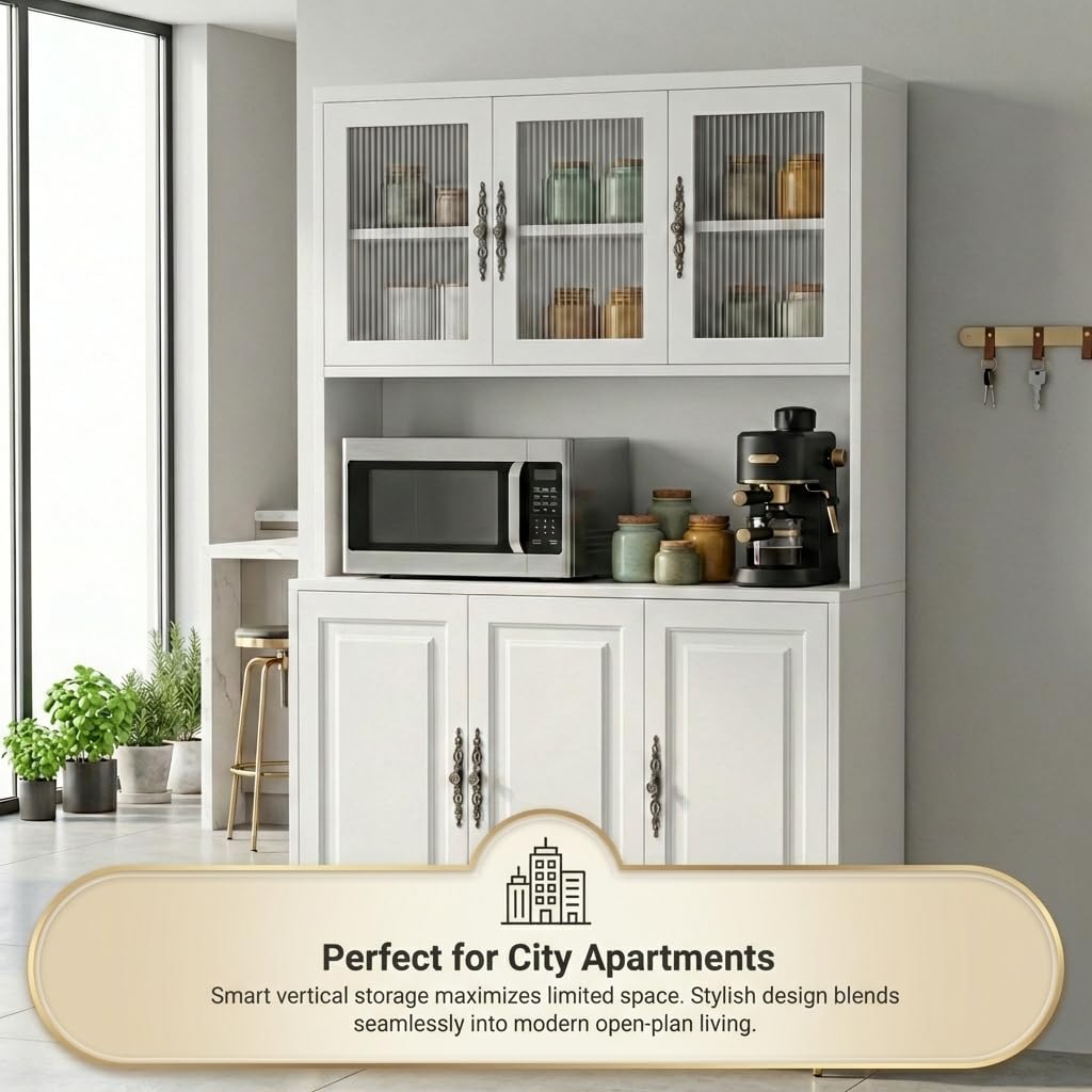 AUN Pantry Cabinet with Charging Station - 68" Multi-Scene Storage Cabinet for Kitchen, Coffee Bar, Dining Room | Adjustable Shelves & Soft-Close Doors,White