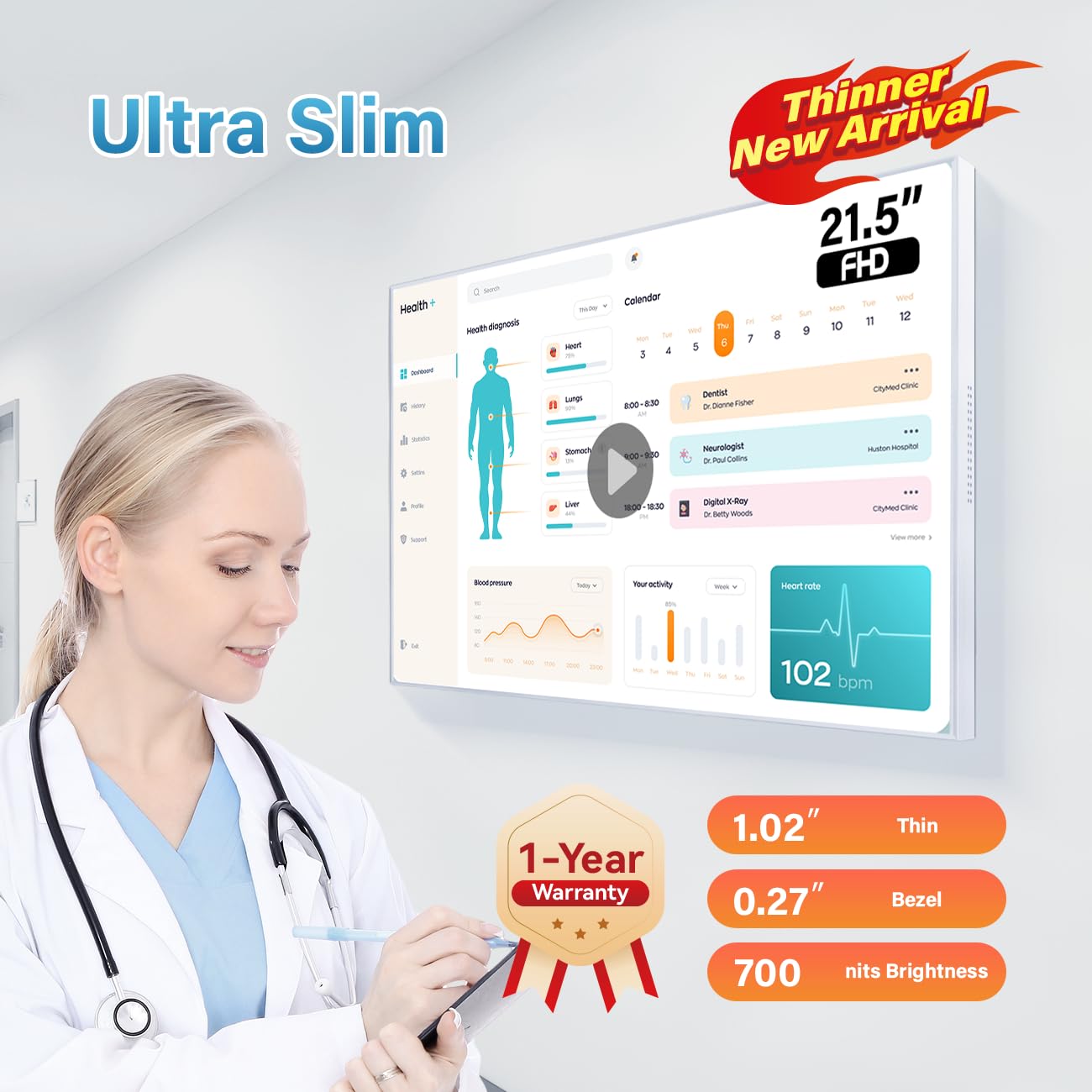 Canlarriz Digital Signage Display 21.5 inch Wall Mount Digital Menu Board for Restaurants and Stores Advertising Screen 700 nits Ultra-High Brightness FHD Free Web Content Editor Android 2GB + 32GB