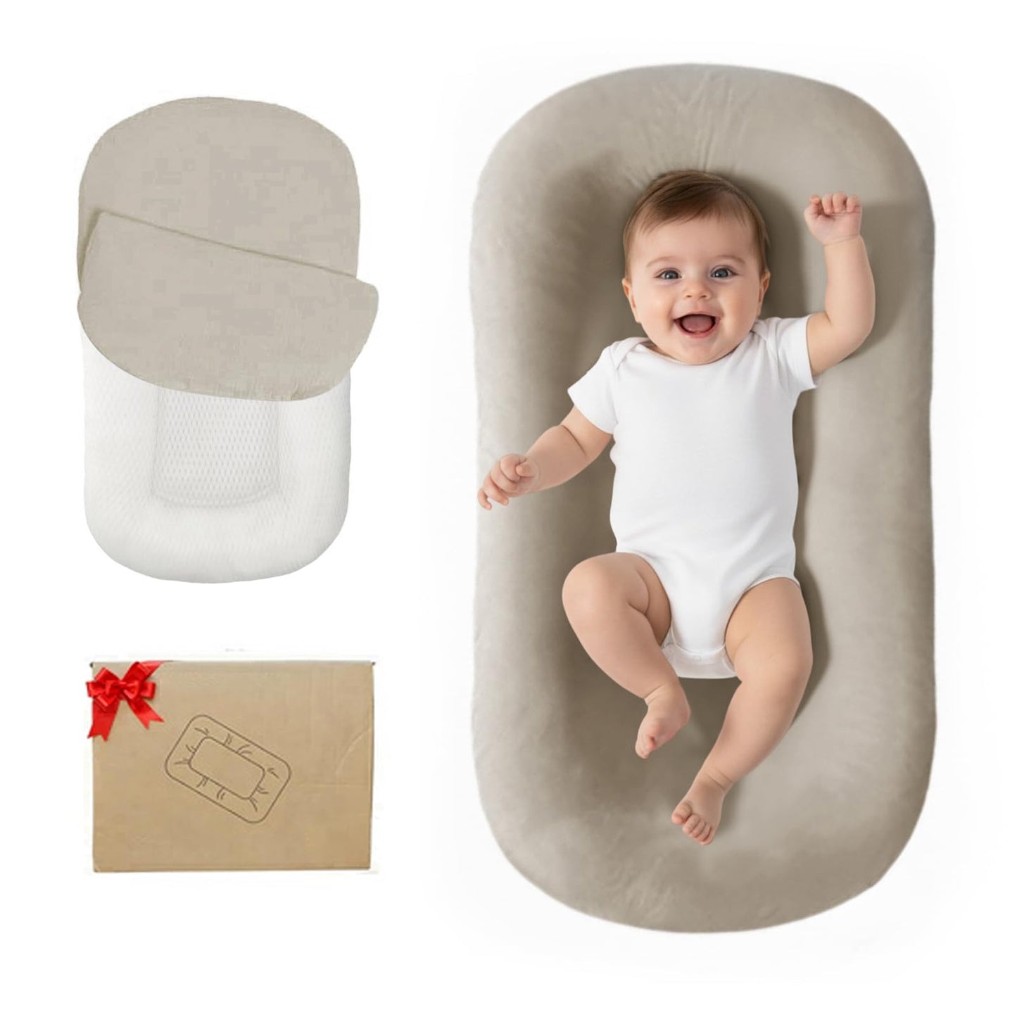 Lucakuins Baby Lounger, Bionic Design Baby Lounger for Newborn 0-24 Months, Soft Organic Cotton Breathable Lounger for Infants (Cream Gray)