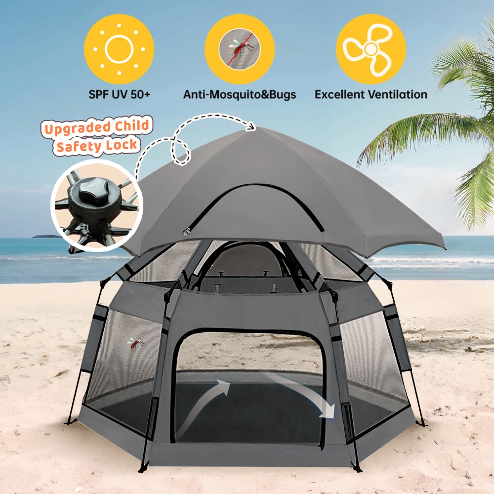 Instant Pop Up Baby Playpen with UV Canopy & Safety Lock, Portable Outdoor Beach Tent Play Yard for Toddlers, Breathable Mesh & Carry Bag, Indoor & Backyard Use (Grey)